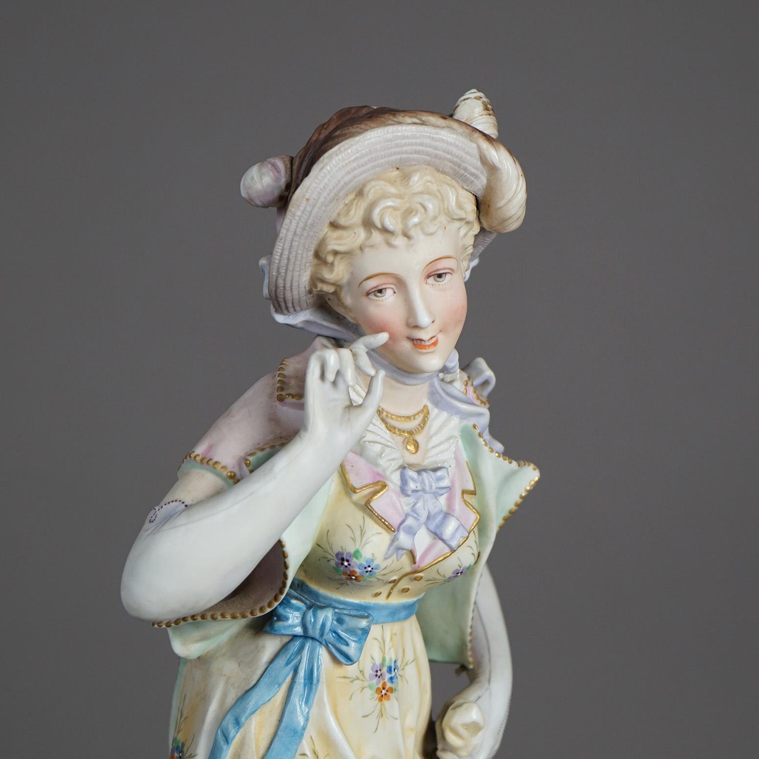 Antique French figure of a woman in the manner of Sevrés offers polychromed and gilt porcelain construction, c1890

Measures- 18''H x 7''W x 7''D