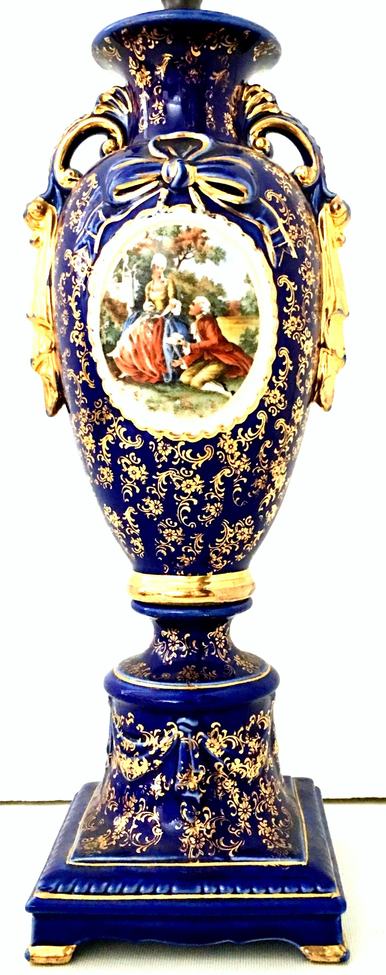 Gilt Antique French Sevres Style Cobalt & 22-Karat Gold Hand-Painted Vase Lamp
