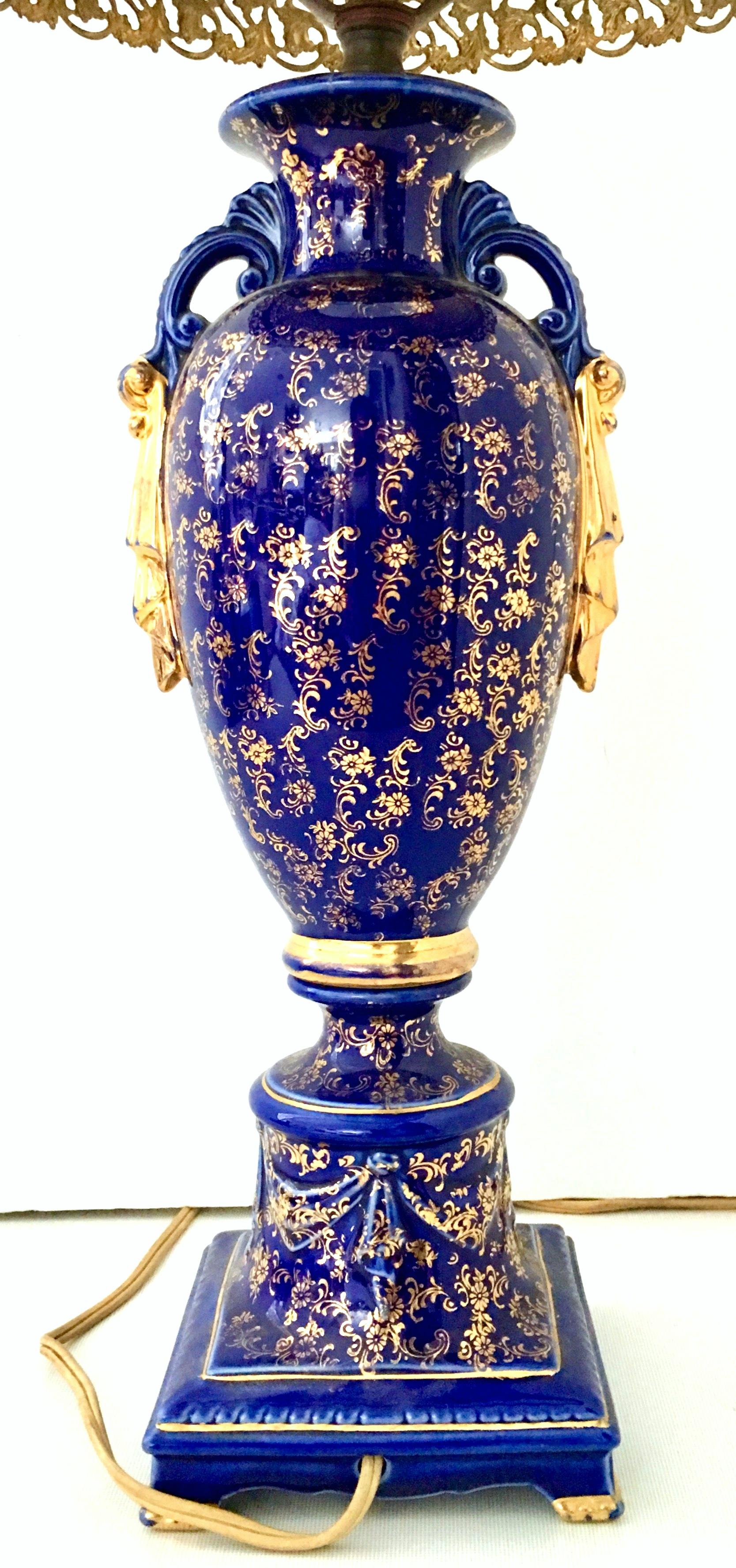 Antique French Sevres Style Cobalt & 22-Karat Gold Hand-Painted Vase Lamp In Good Condition In West Palm Beach, FL