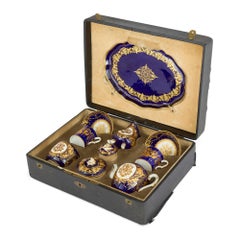 Antique French Sèvres Style Cobalt Blue Gold Gilt Jewelled Porcelain Tea Set Ser