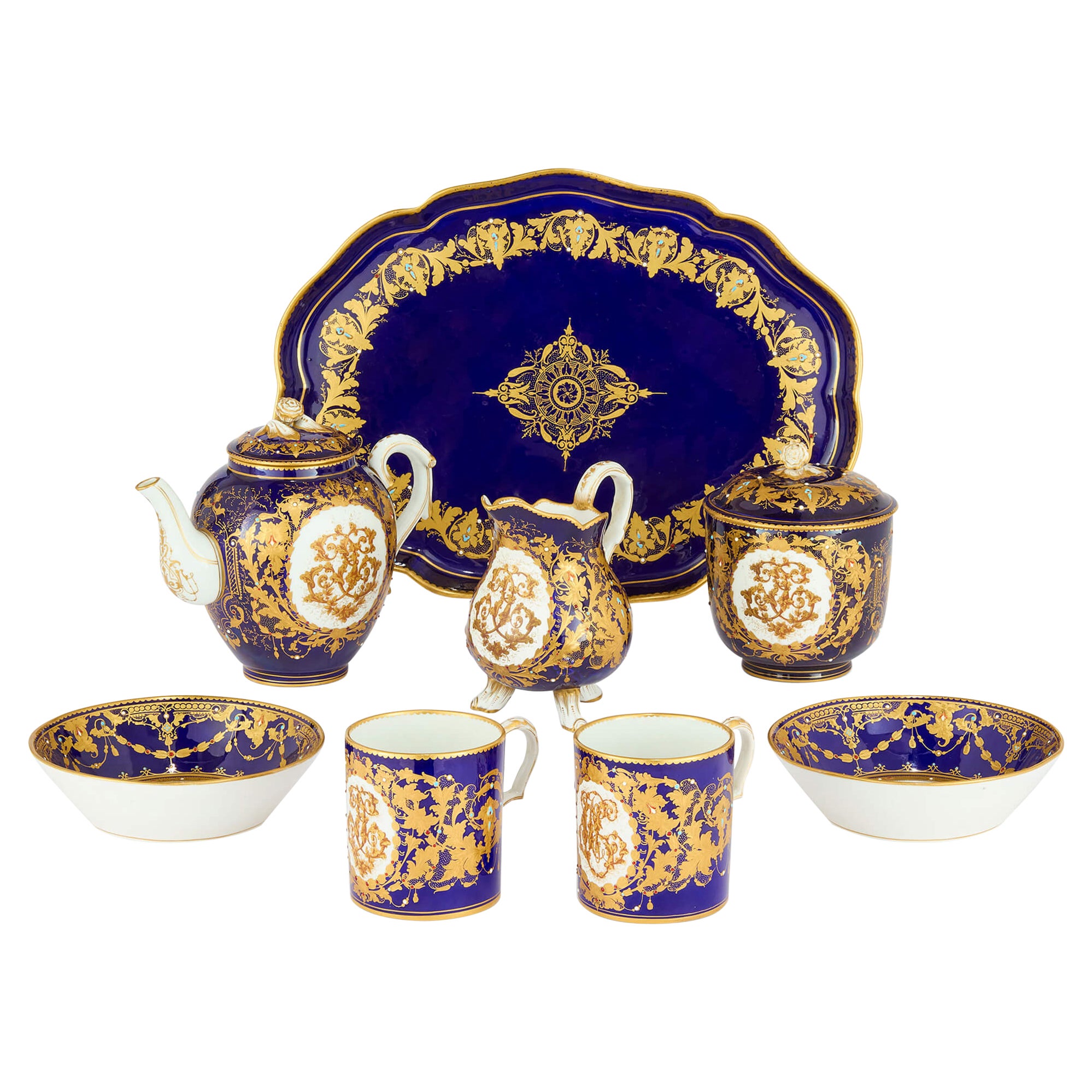 Antique French Sèvres Style Cobalt Blue Gold Gilt Jewelled Porcelain Tea Set Ser