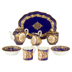 Antique French Sèvres Style Cobalt Blue Gold Gilt Jewelled Porcelain Tea Set Ser