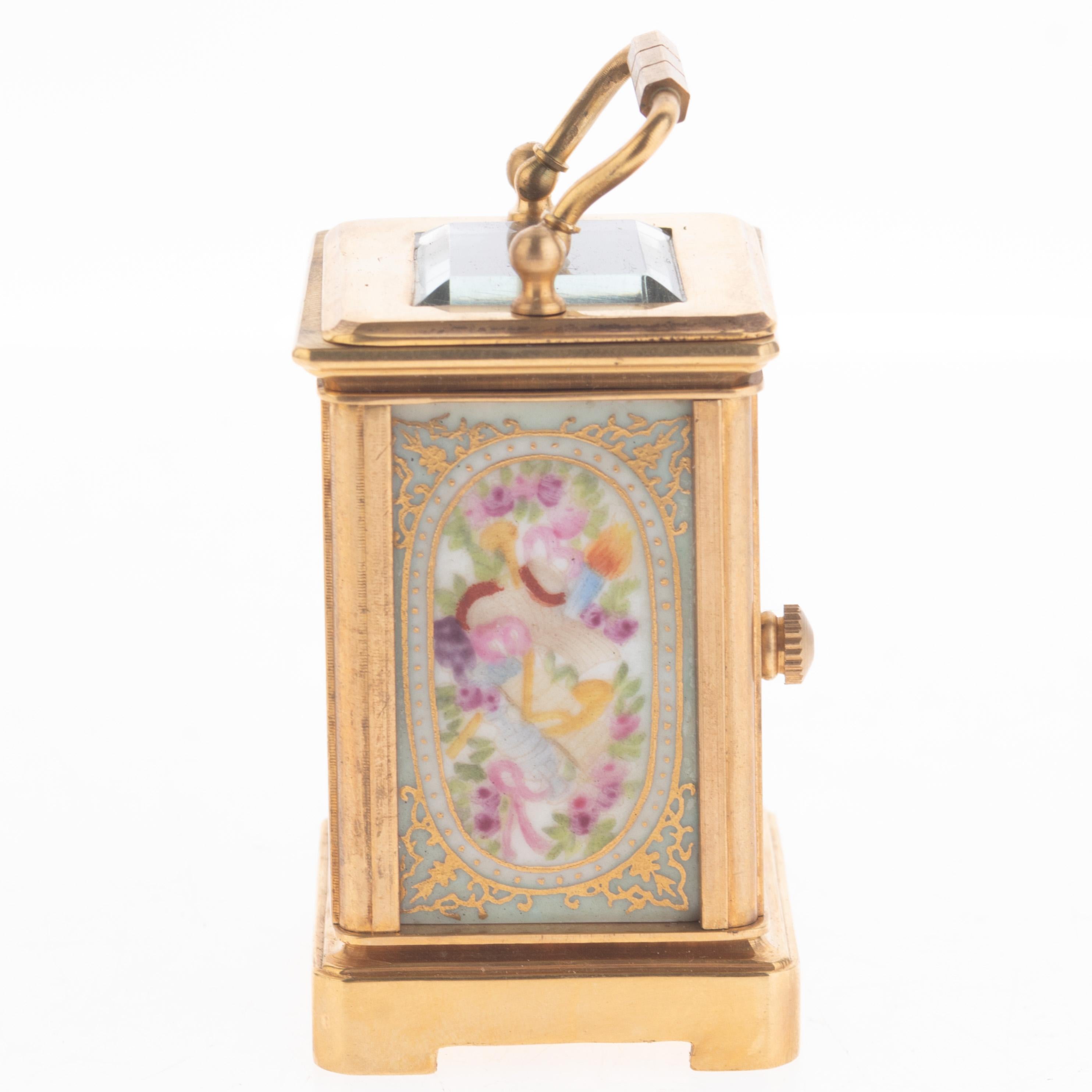 Hand-Painted Antique French Sèvres-Style Gilt Carriage Clock with Enamel Dial, 19th Century For Sale