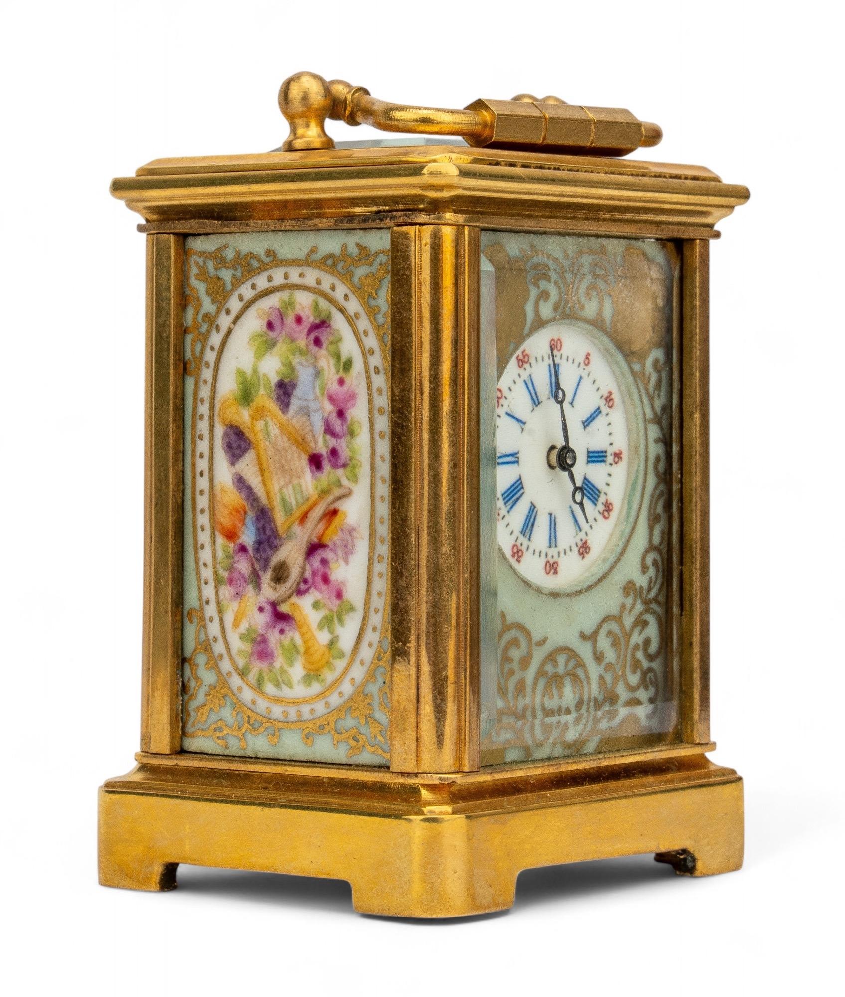 Antique French Sèvres-Style Gilt Carriage Clock with Enamel Dial, 19th Century For Sale 2