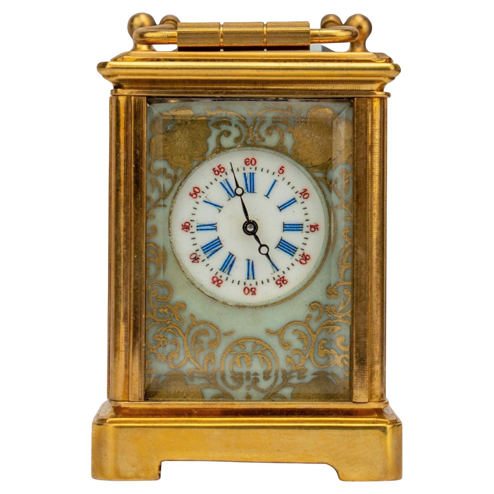 Antique French Sèvres-Style Gilt Carriage Clock with Enamel Dial, 19th Century For Sale