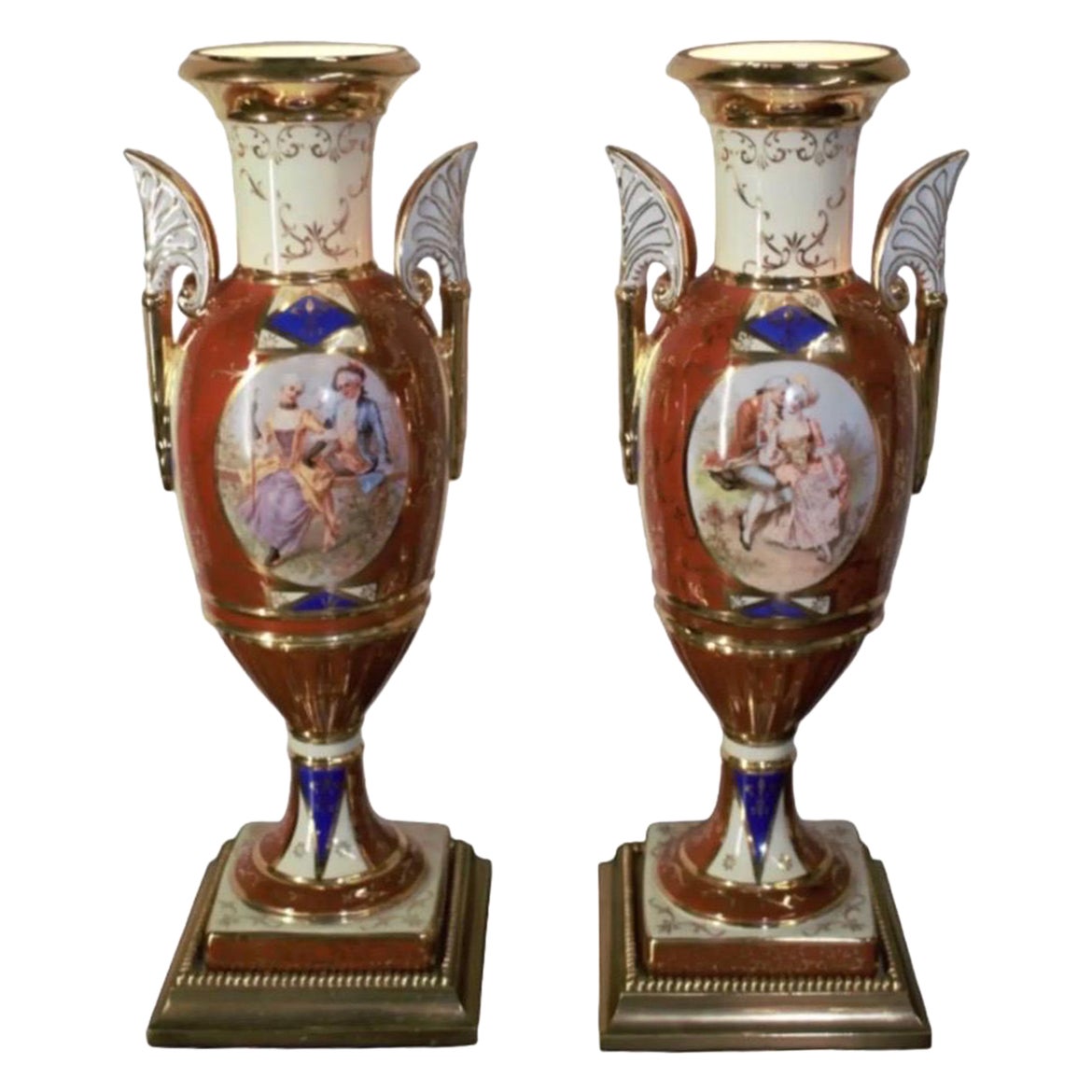 Antique French Sevres Style Hand Painted Porcelain Brass Urn Table Lamps For Sale