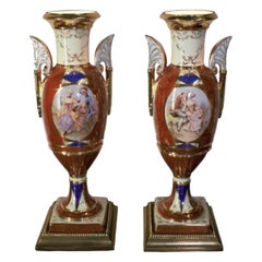 Antique French Sevres Style Hand Painted Porcelain Brass Urn Table Lamps