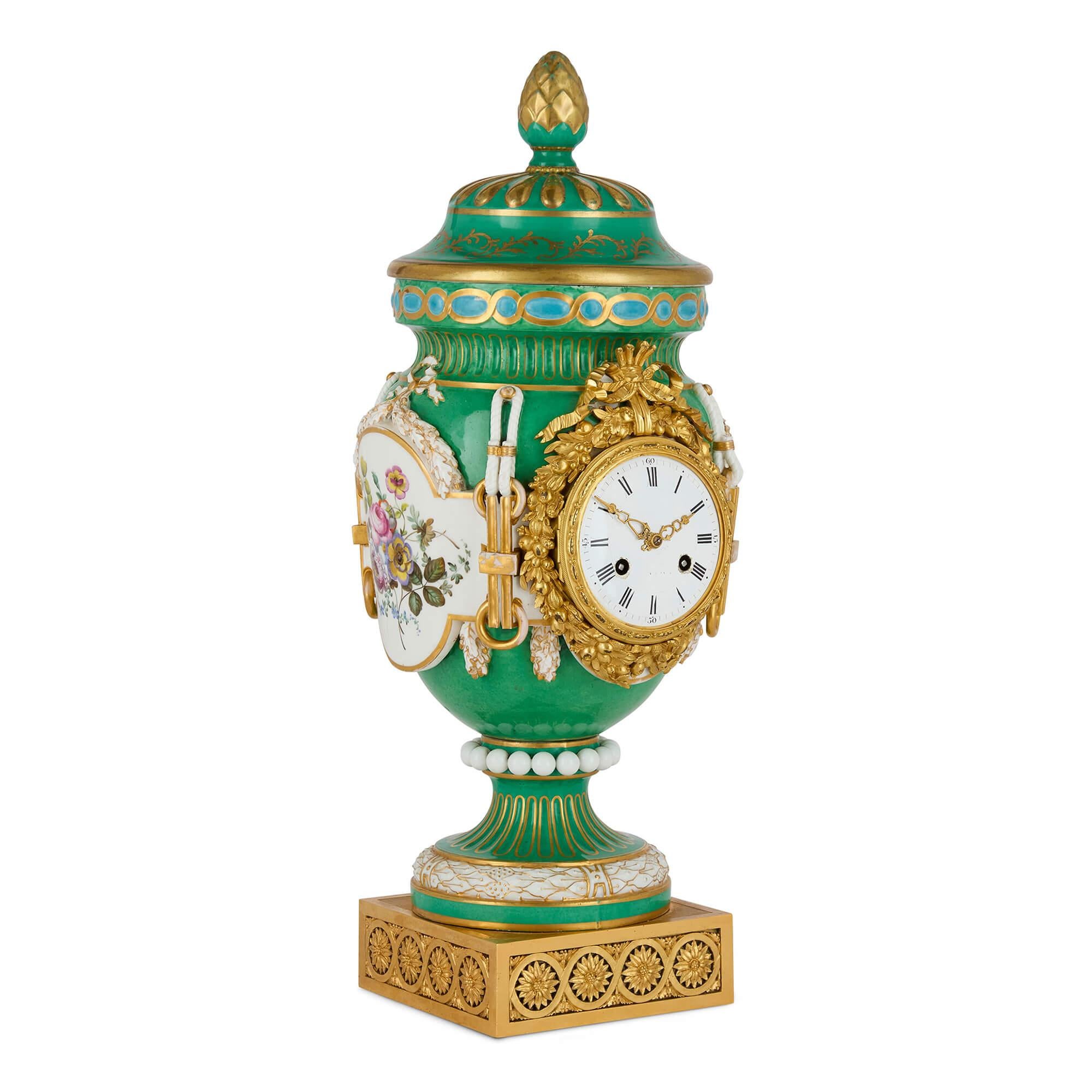 Louis XVI Antique French Sèvres-Style Ormolu Mounted Porcelain Mantel Clock For Sale
