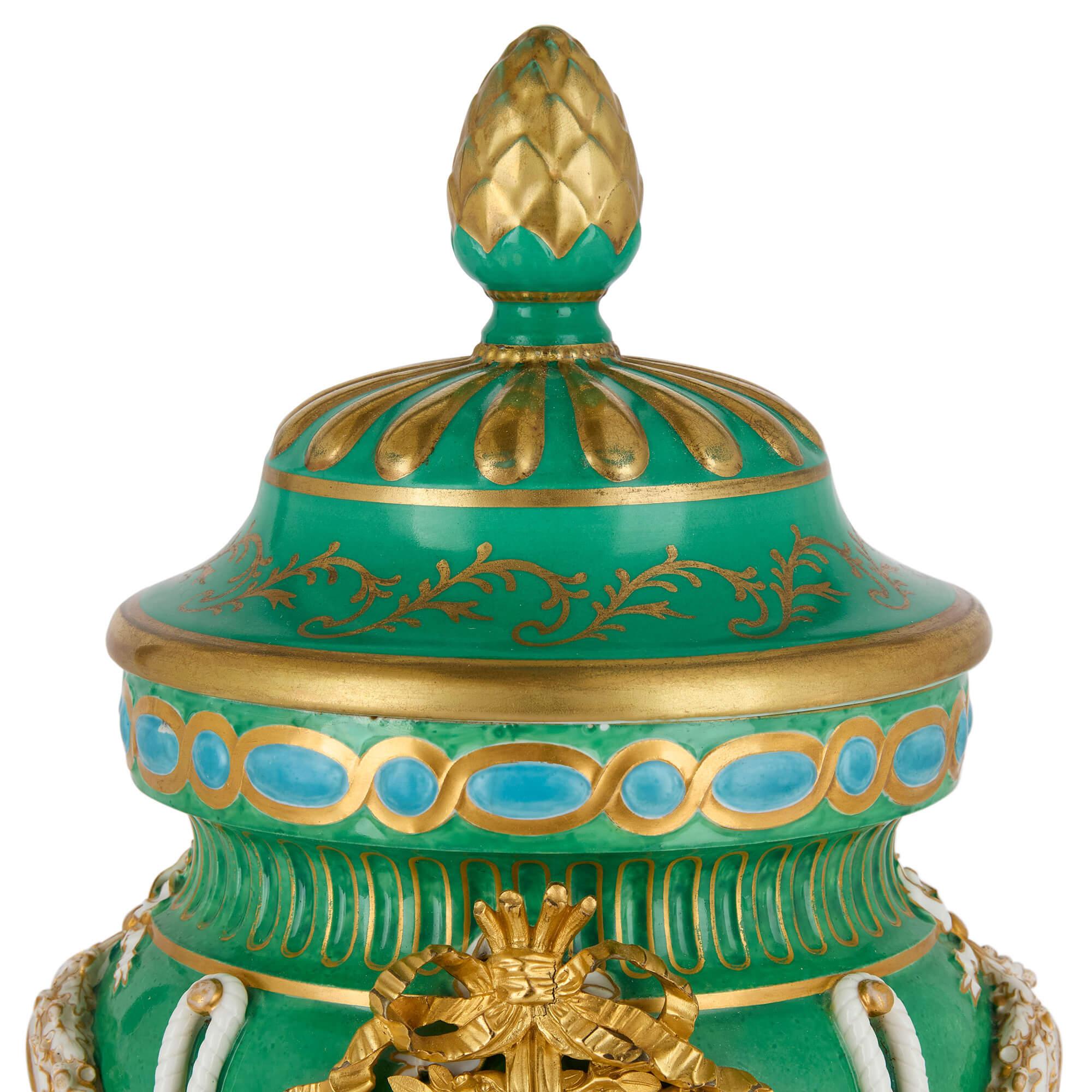 Gilt Antique French Sèvres-Style Ormolu Mounted Porcelain Mantel Clock For Sale