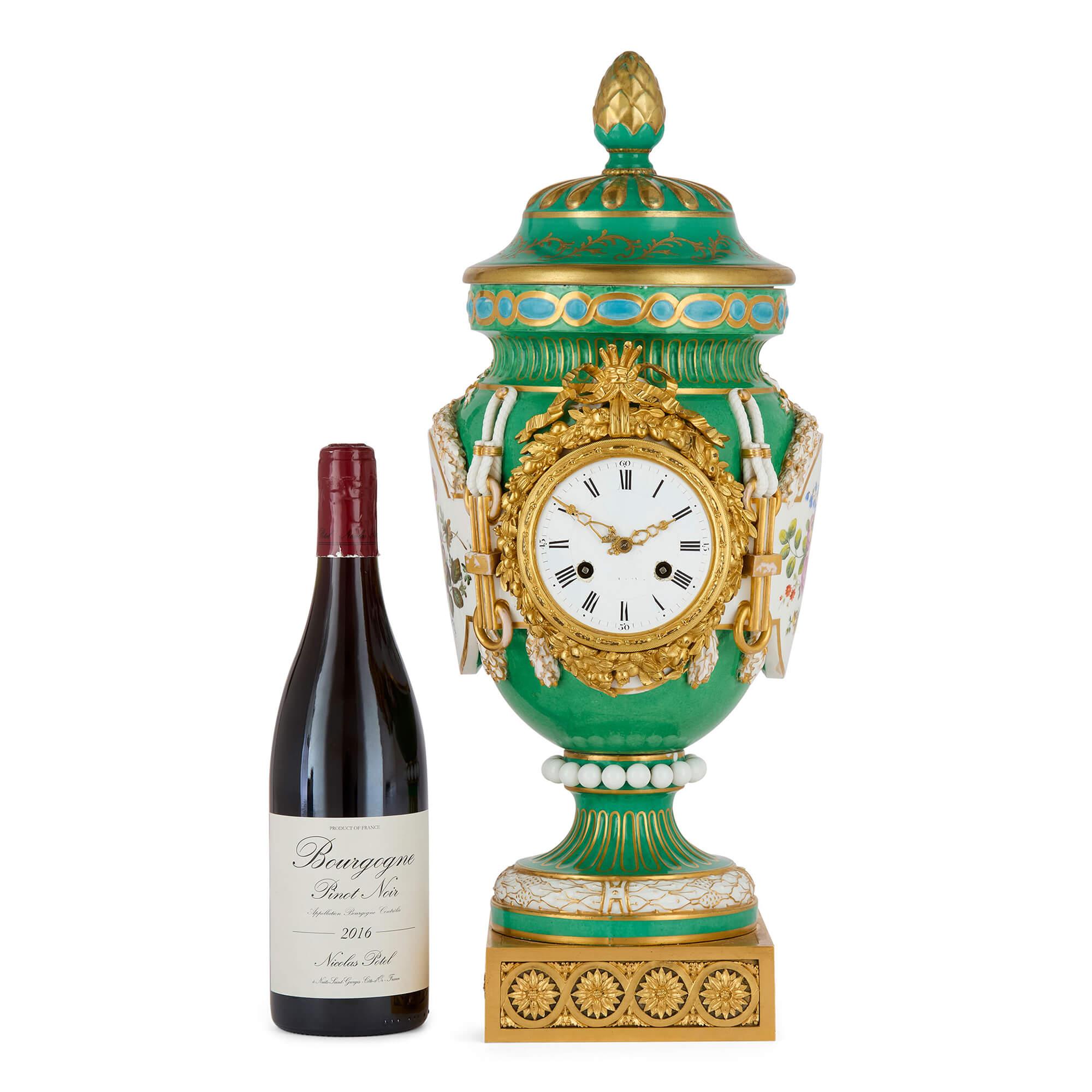 Antique French Sèvres-Style Ormolu Mounted Porcelain Mantel Clock For Sale 1