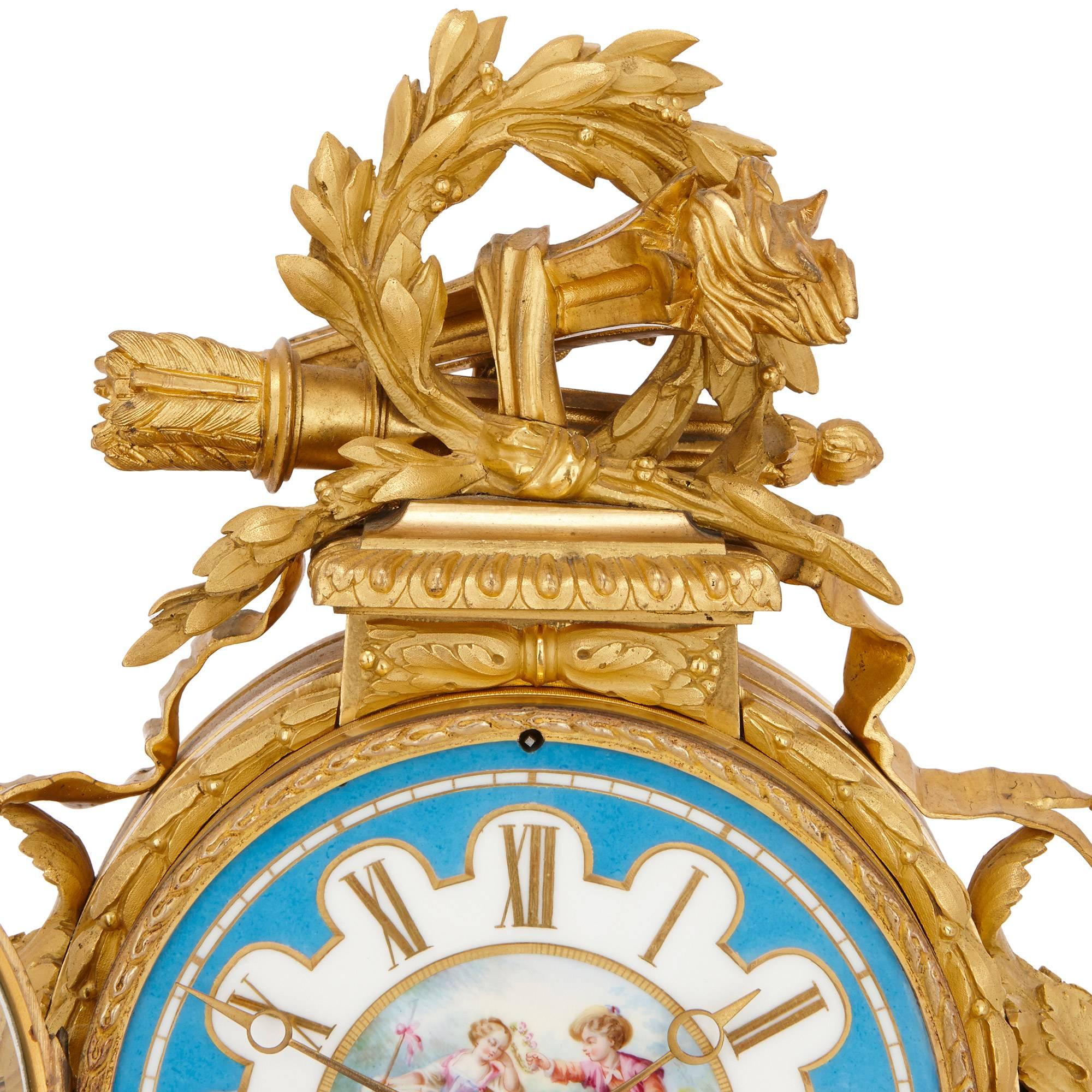 Neoclassical Antique French Sevres Style Porcelain and Gilt Bronze Mantel Clock For Sale
