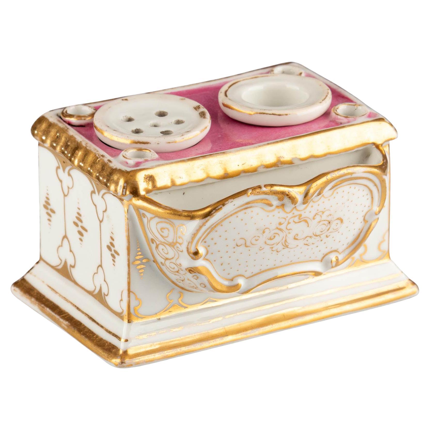 Antique French Sèvres Style Rococo Painted Gilt Pink Gold Inkstand For Sale