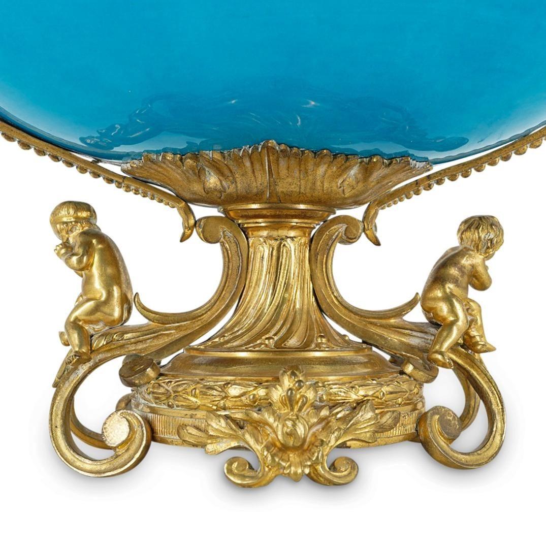 Louis XVI Antique French Sevres Style Turquoise Glazed Porcelain Bronze Centerpiece Bowl For Sale