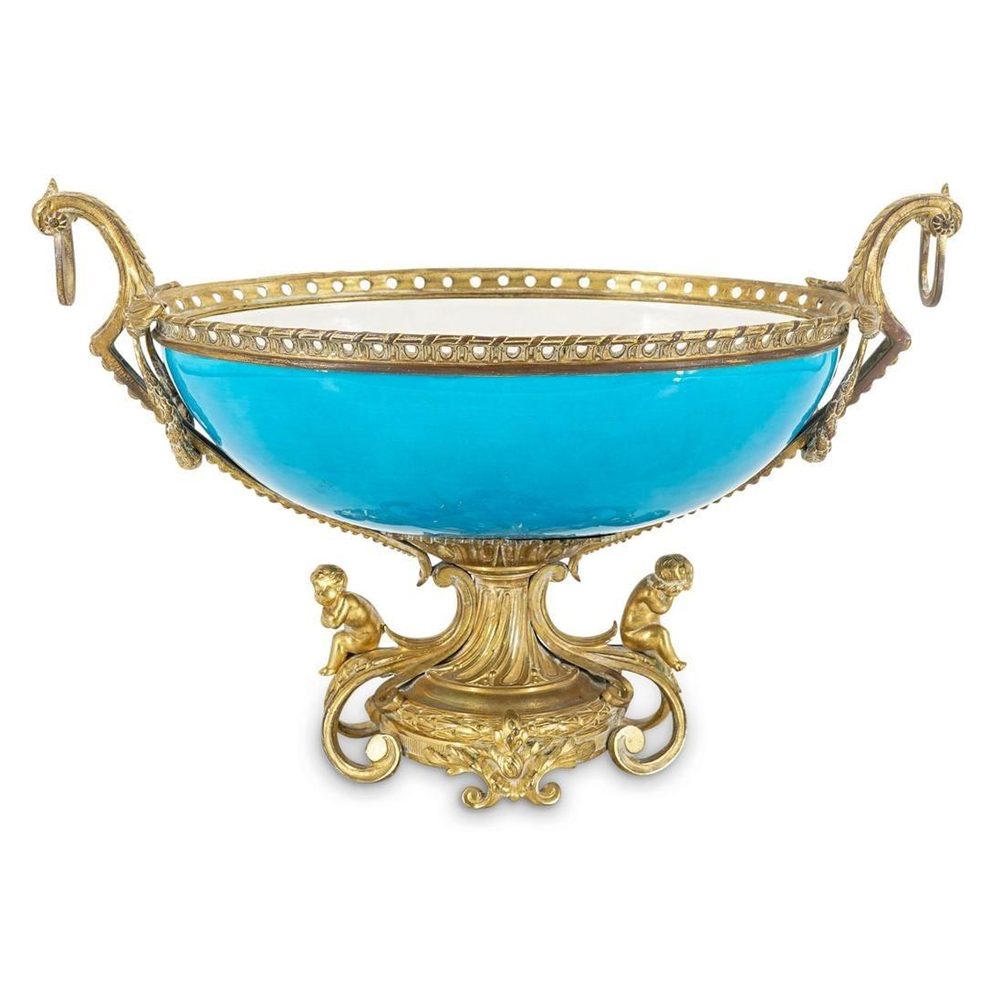 Antique French Sevres Style Turquoise Glazed Porcelain Bronze Centerpiece Bowl In Good Condition In New York, NY
