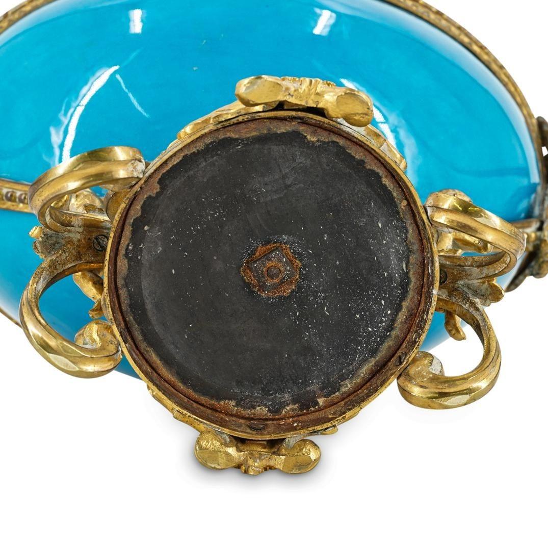 19th Century Antique French Sevres Style Turquoise Glazed Porcelain Bronze Centerpiece Bowl For Sale