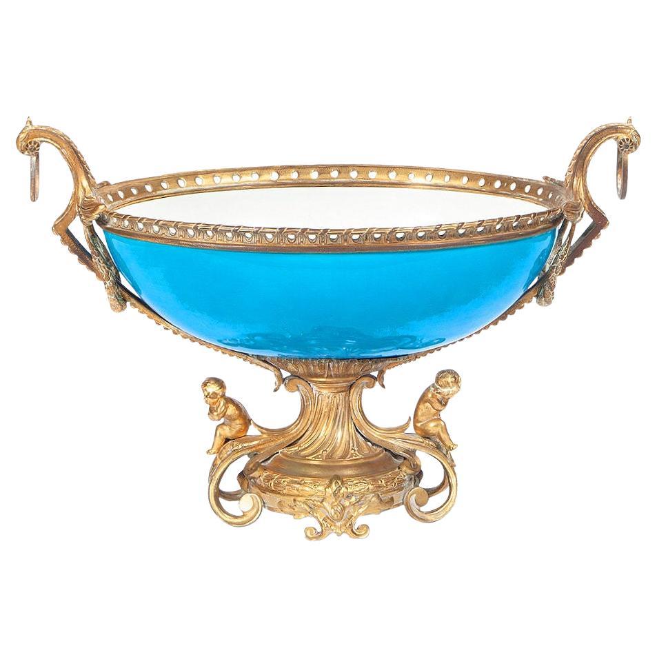 Antique French Sevres Style Turquoise Glazed Porcelain Bronze Centerpiece Bowl For Sale