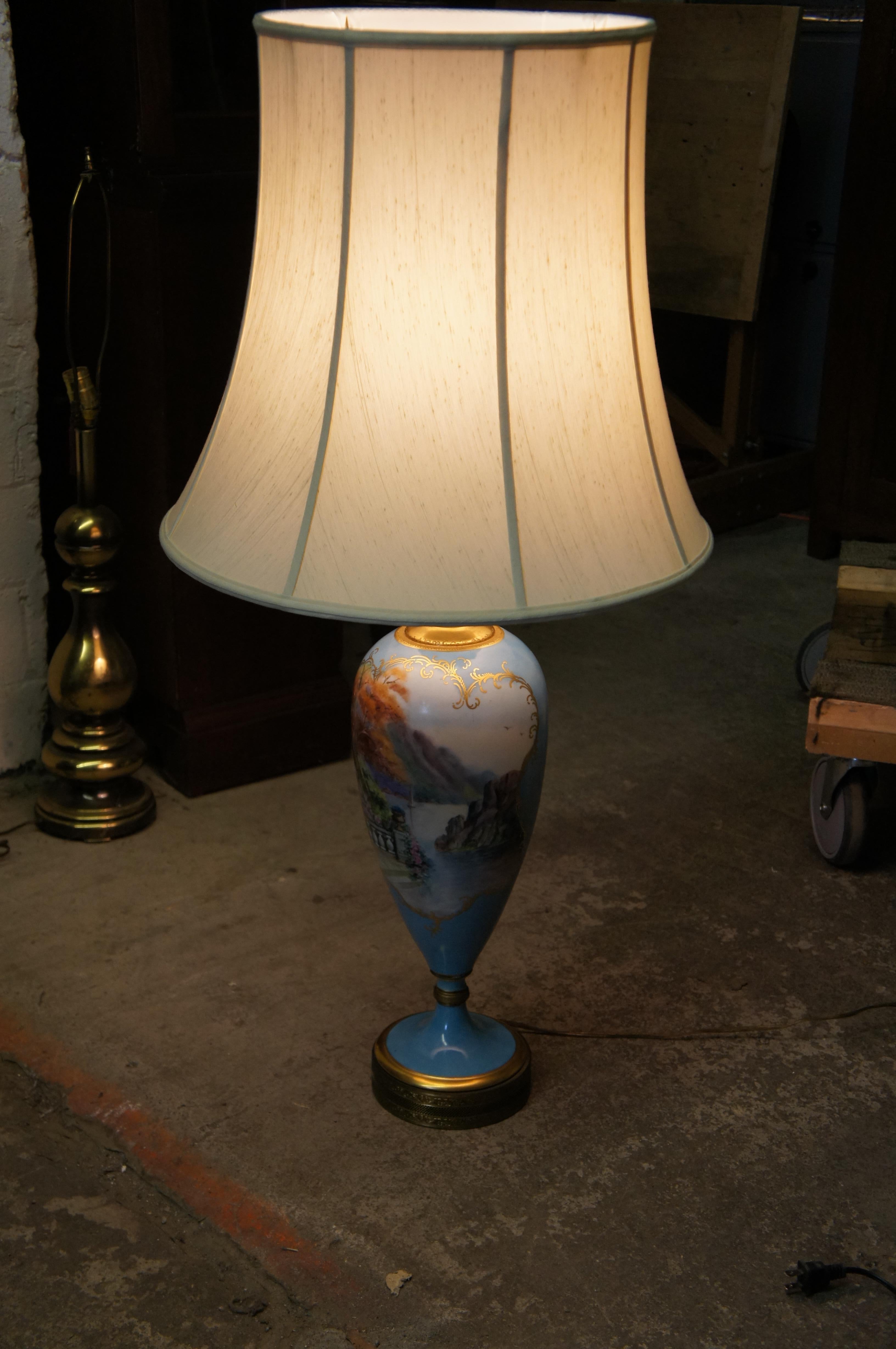 Antiquité française style Sèvres Porcelaine Turquoise Mantel Vase Urn Lamp 42