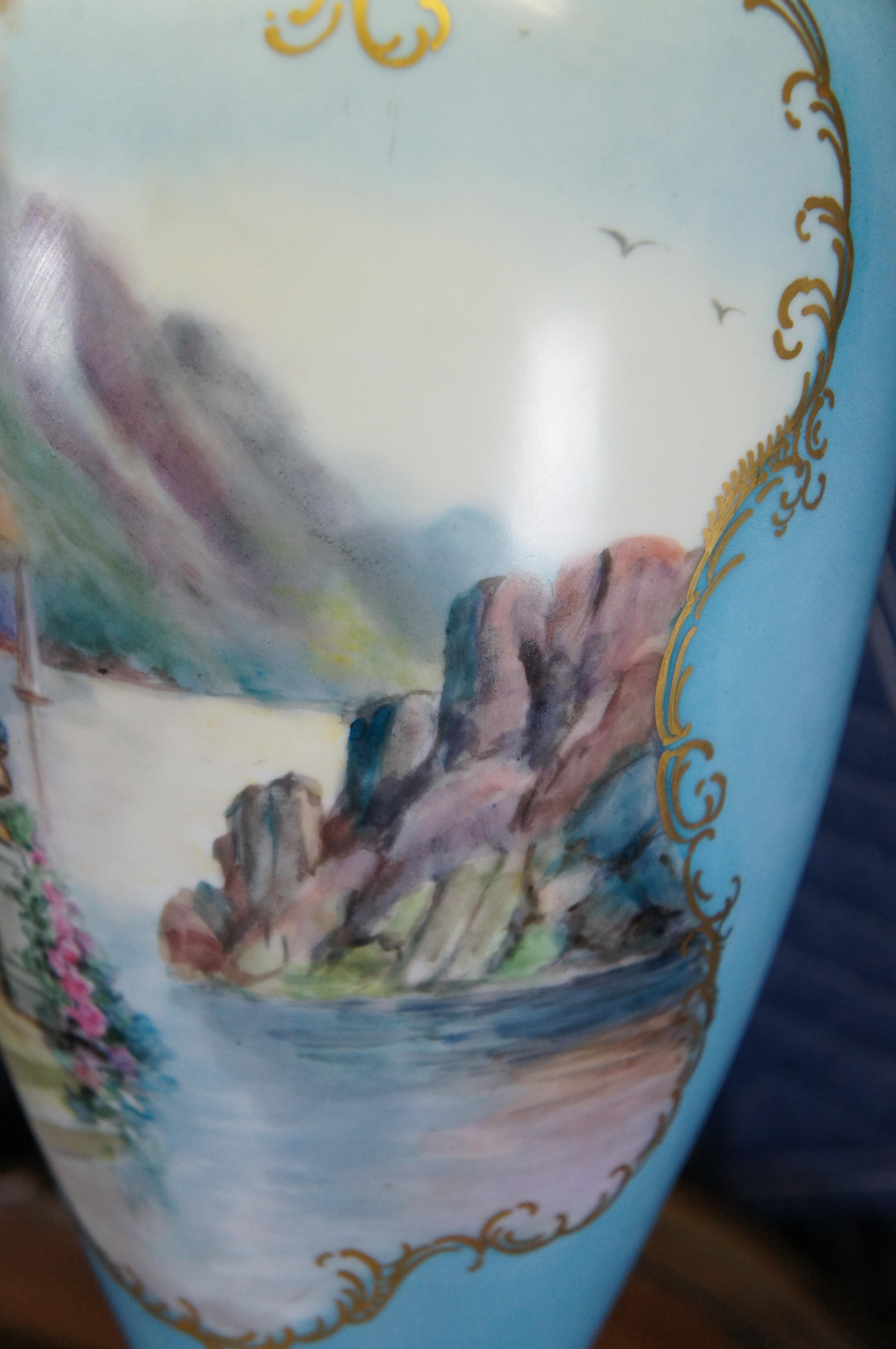 Antiquité française style Sèvres Porcelaine Turquoise Mantel Vase Urn Lamp 42