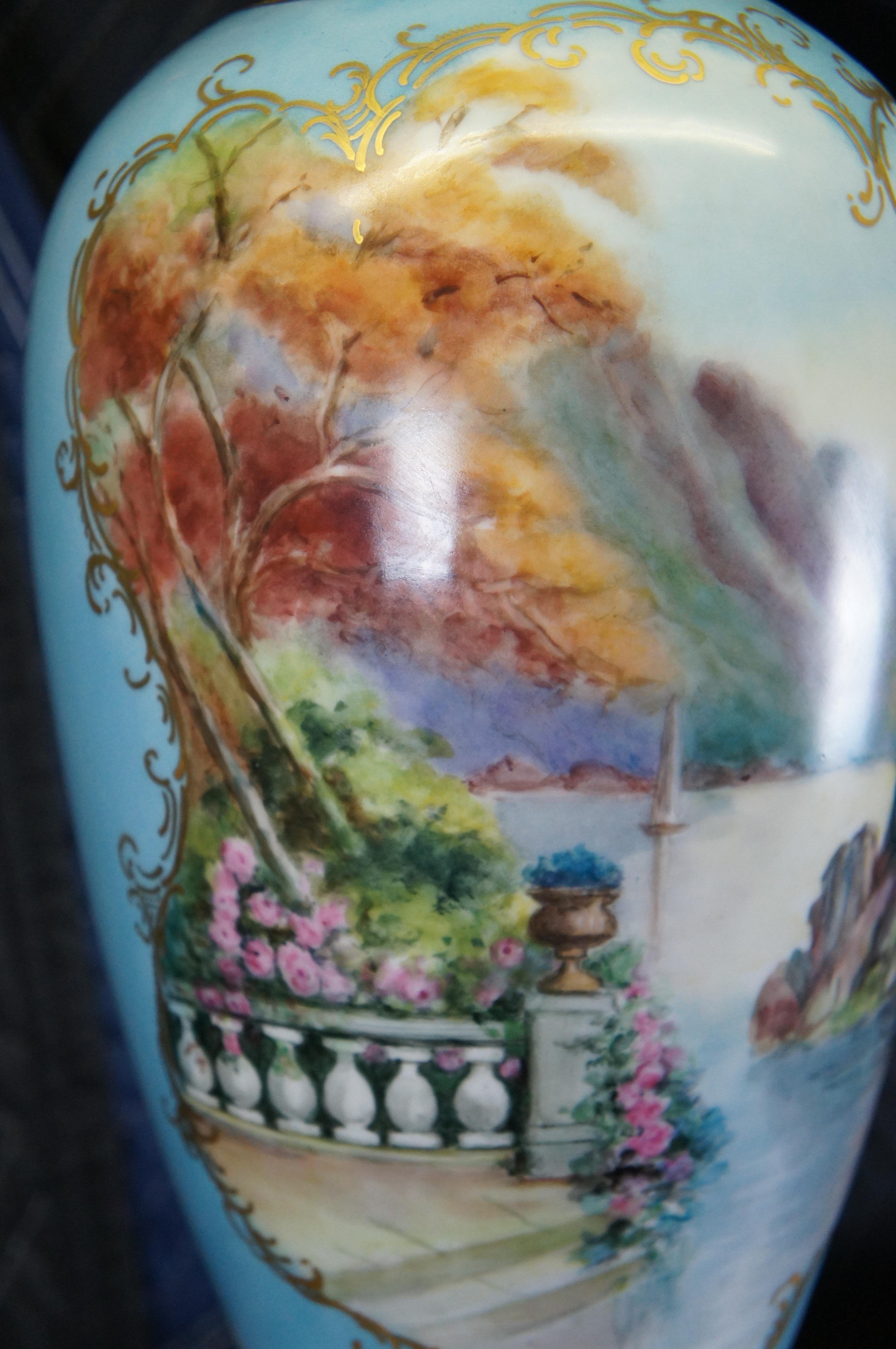 Antiquité française style Sèvres Porcelaine Turquoise Mantel Vase Urn Lamp 42