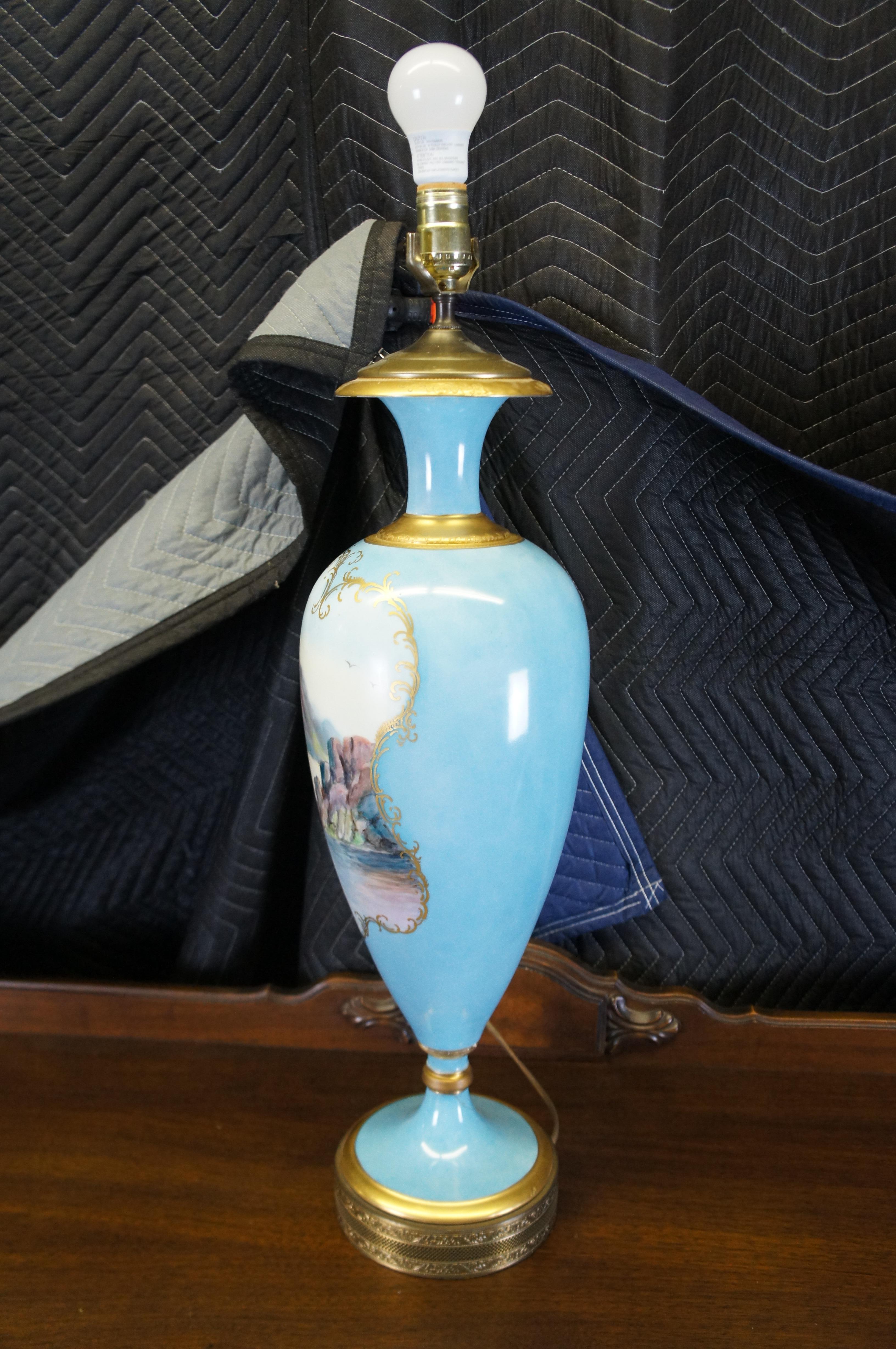 Antiquité française style Sèvres Porcelaine Turquoise Mantel Vase Urn Lamp 42