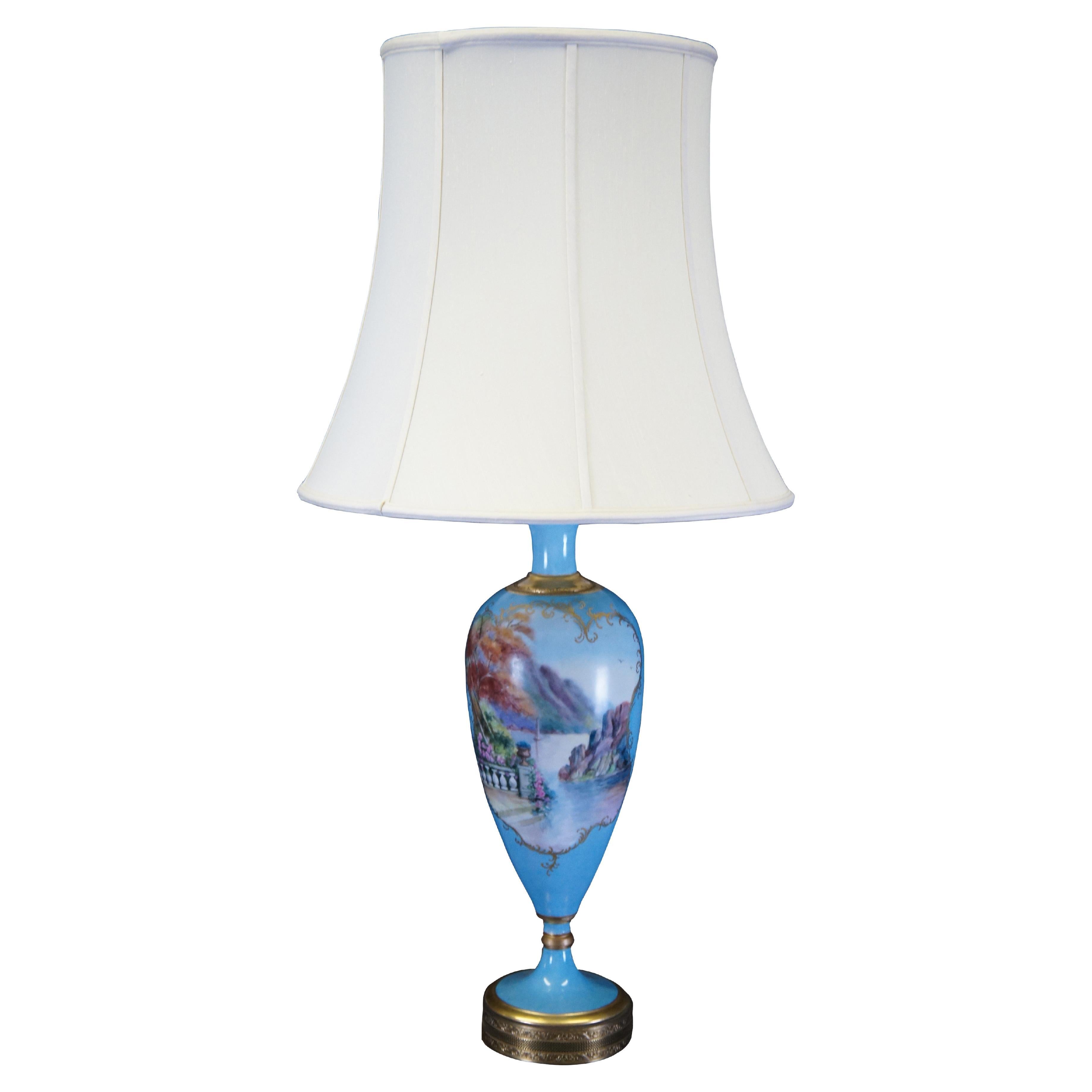 Antike französische türkisfarbene Porzellan-Kaminsims-Vase im Sevres-Stil, Urnenlampe, 42"
