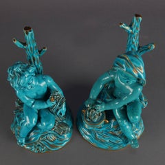 Antique French Sevres Turquoise Glaze & Gilt Porcelain Woodland Children, Signed
