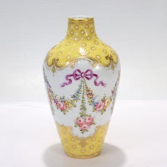Antique French Sevres Type Yellow Ground Jeweled Vase with Garlands & Ribbons