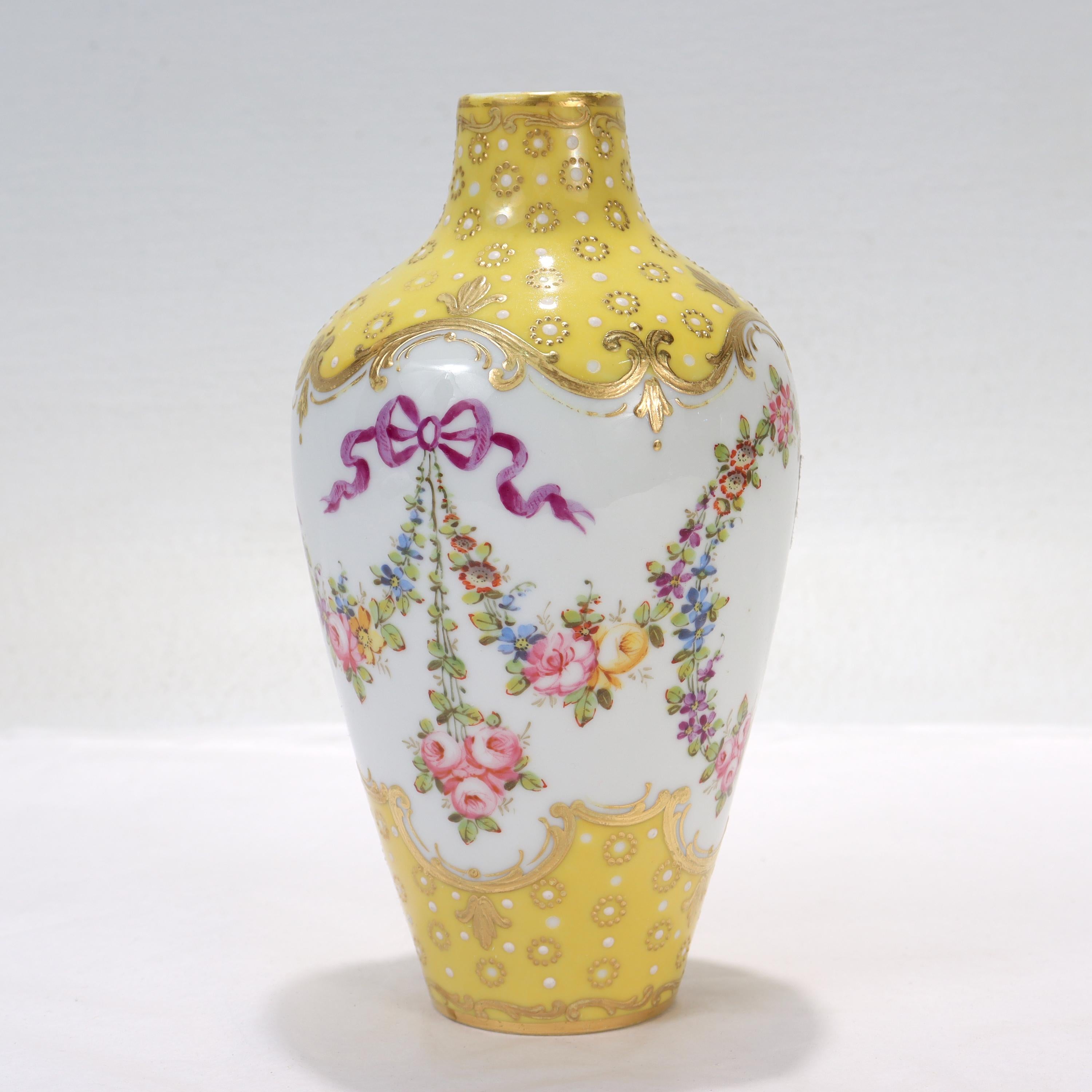Art Nouveau Antique French Sevres Type Yellow Ground Jeweled Vase with Garlands & Ribbons