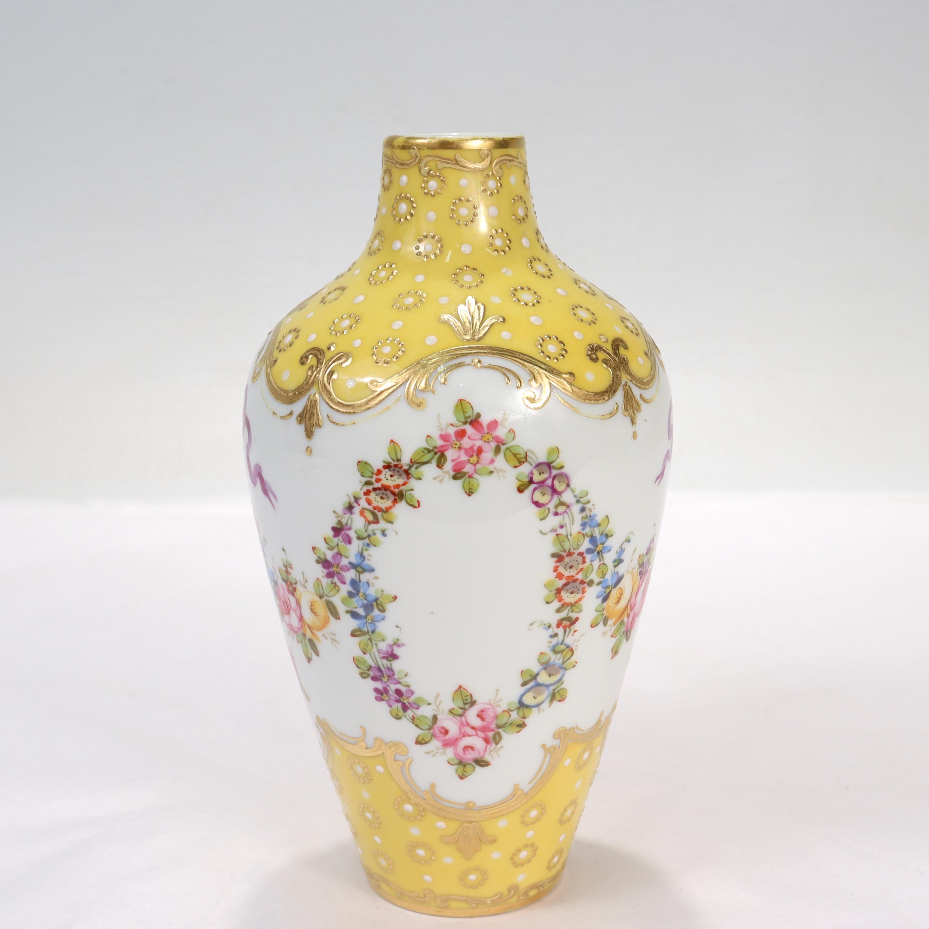 Antique French Sevres Type Yellow Ground Jeweled Vase with Garlands & Ribbons In Good Condition In Philadelphia, PA