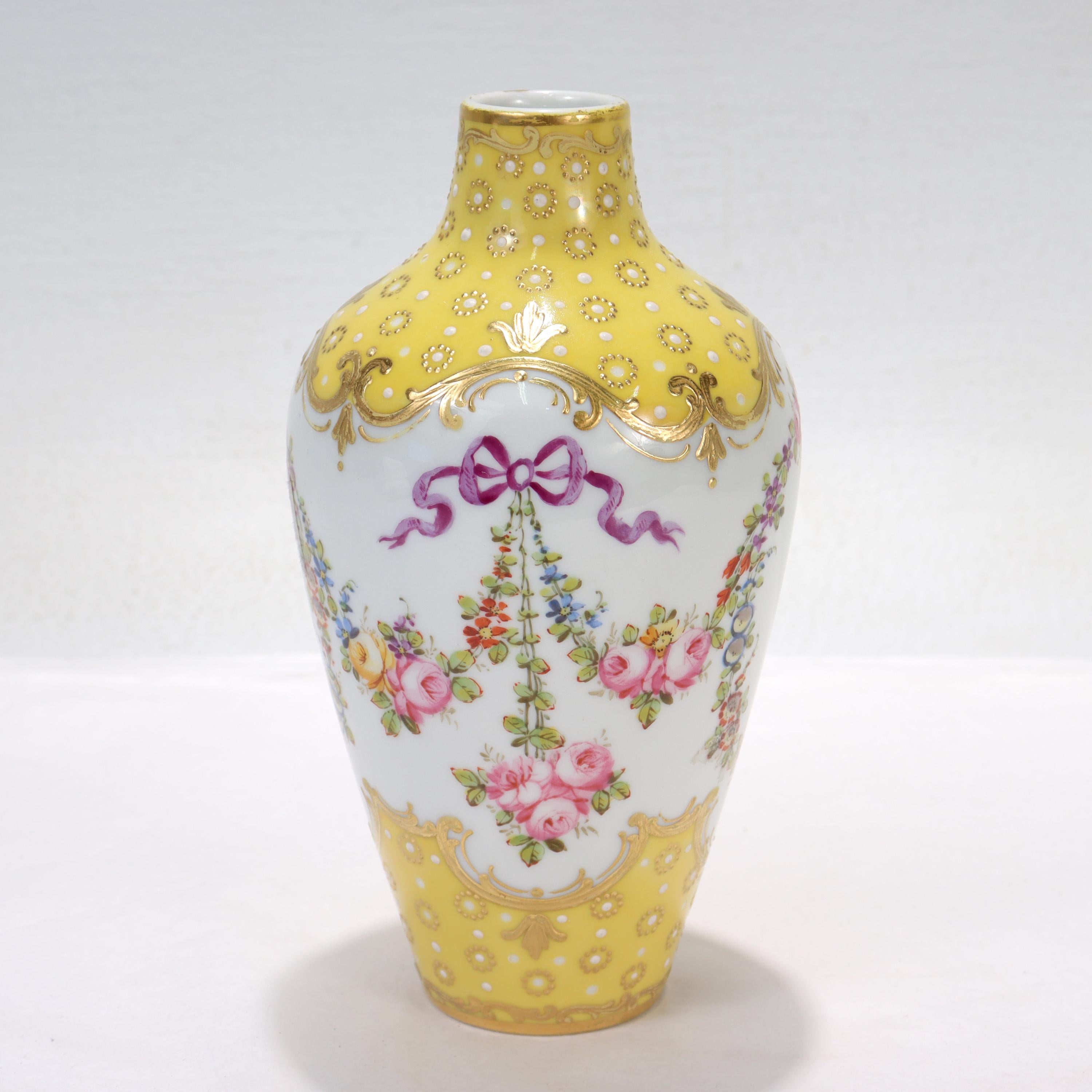 20th Century Antique French Sevres Type Yellow Ground Jeweled Vase with Garlands & Ribbons
