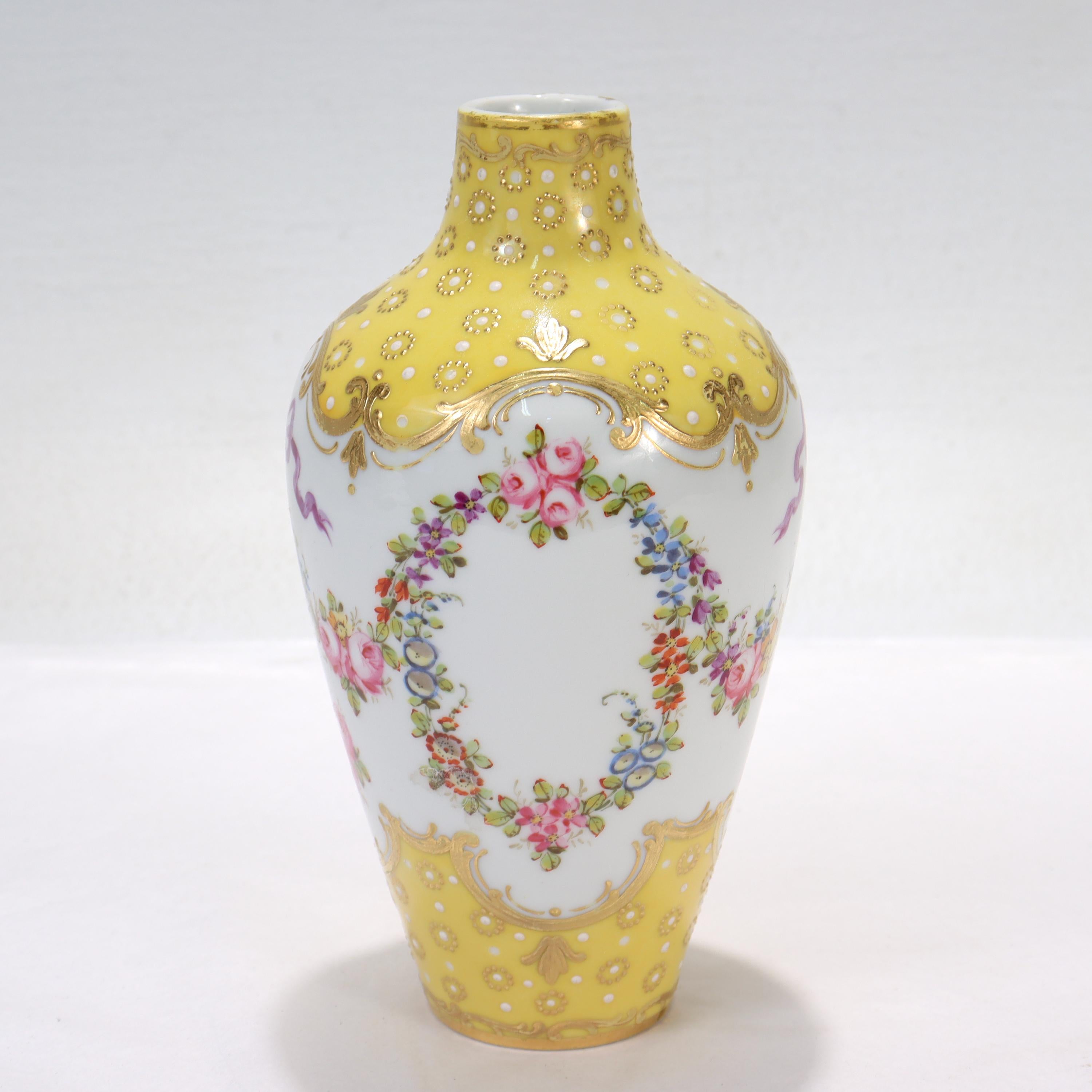 Porcelain Antique French Sevres Type Yellow Ground Jeweled Vase with Garlands & Ribbons