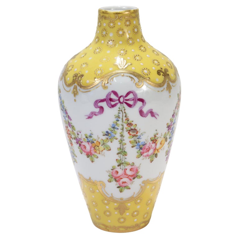 Antique French Sevres Type Yellow Ground Jeweled Vase with Garlands and Ribbons For Sale at 1stDibs