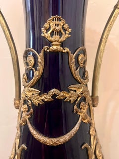 Antique French Sevres Vase Cobalt Blue Porcelain Ormolu Mounts Swans Cherubs