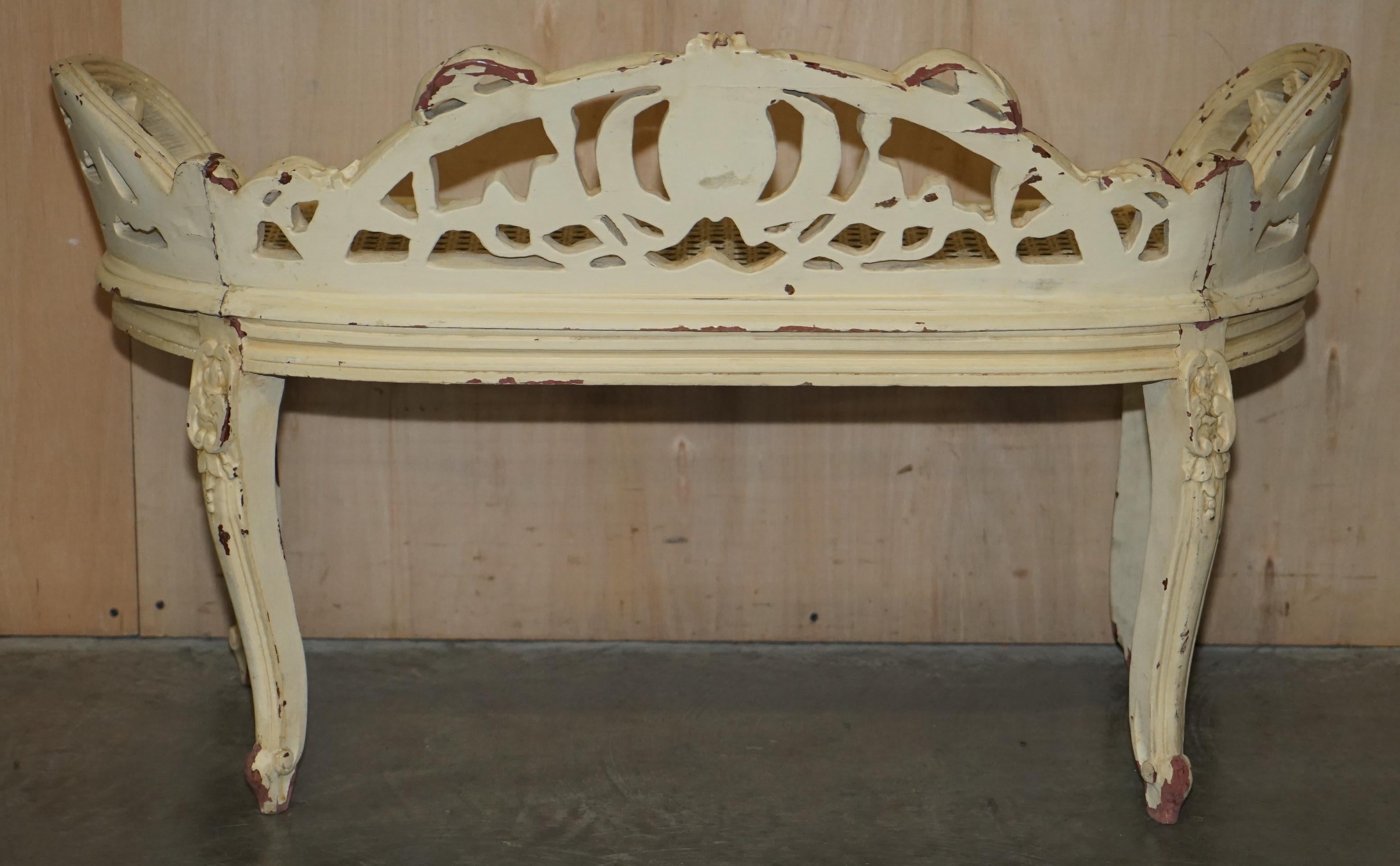 Antique French Shabby Chic Bergere Window Seat Bench Original Paint Finish For Sale 11