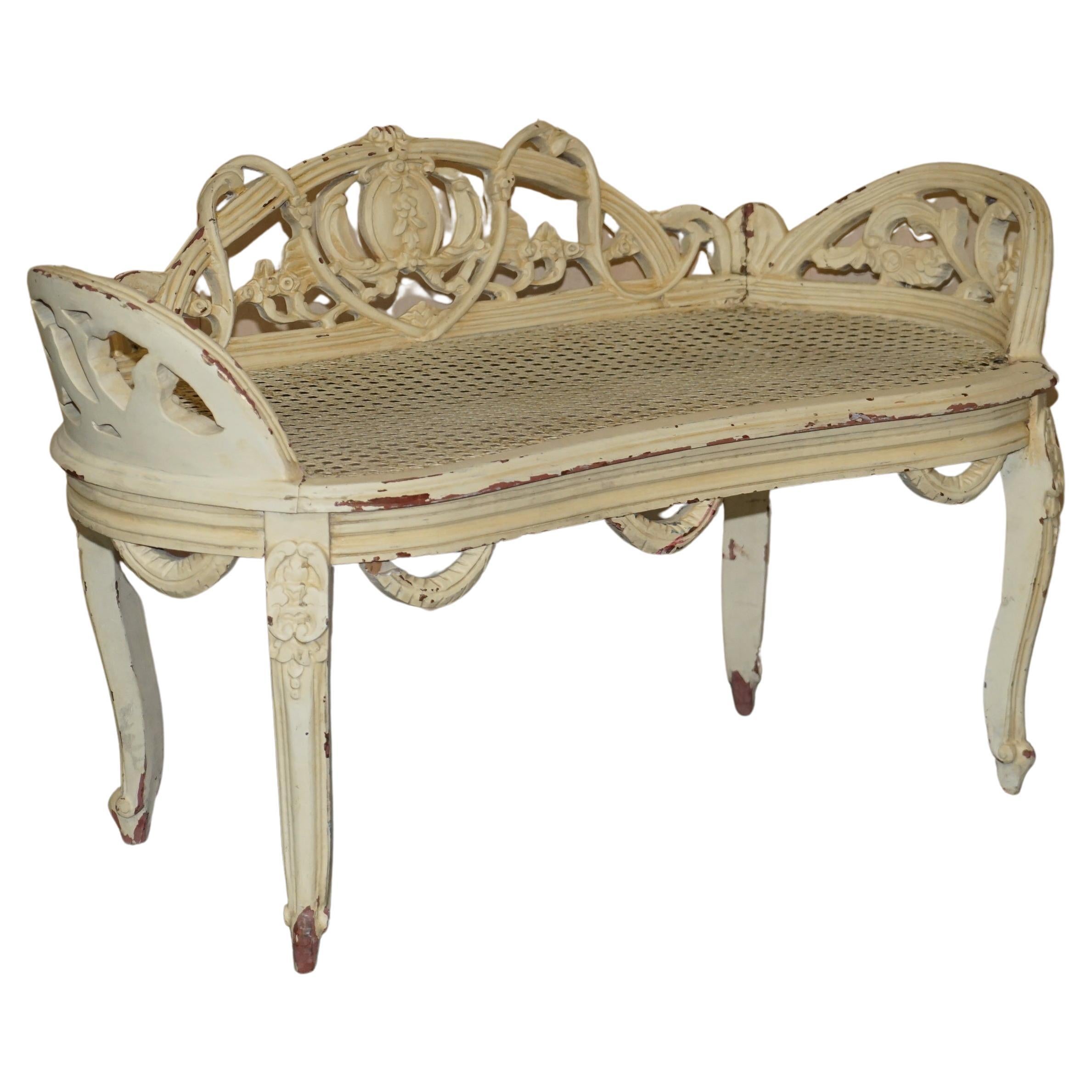 Antique French Shabby Chic Bergere Window Seat Bench Original Paint Finish For Sale