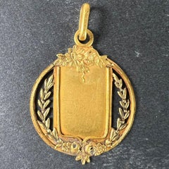 Antique French Shield Flowers Roses Leaves Wreath 18K Yellow Gold Medal Pendant