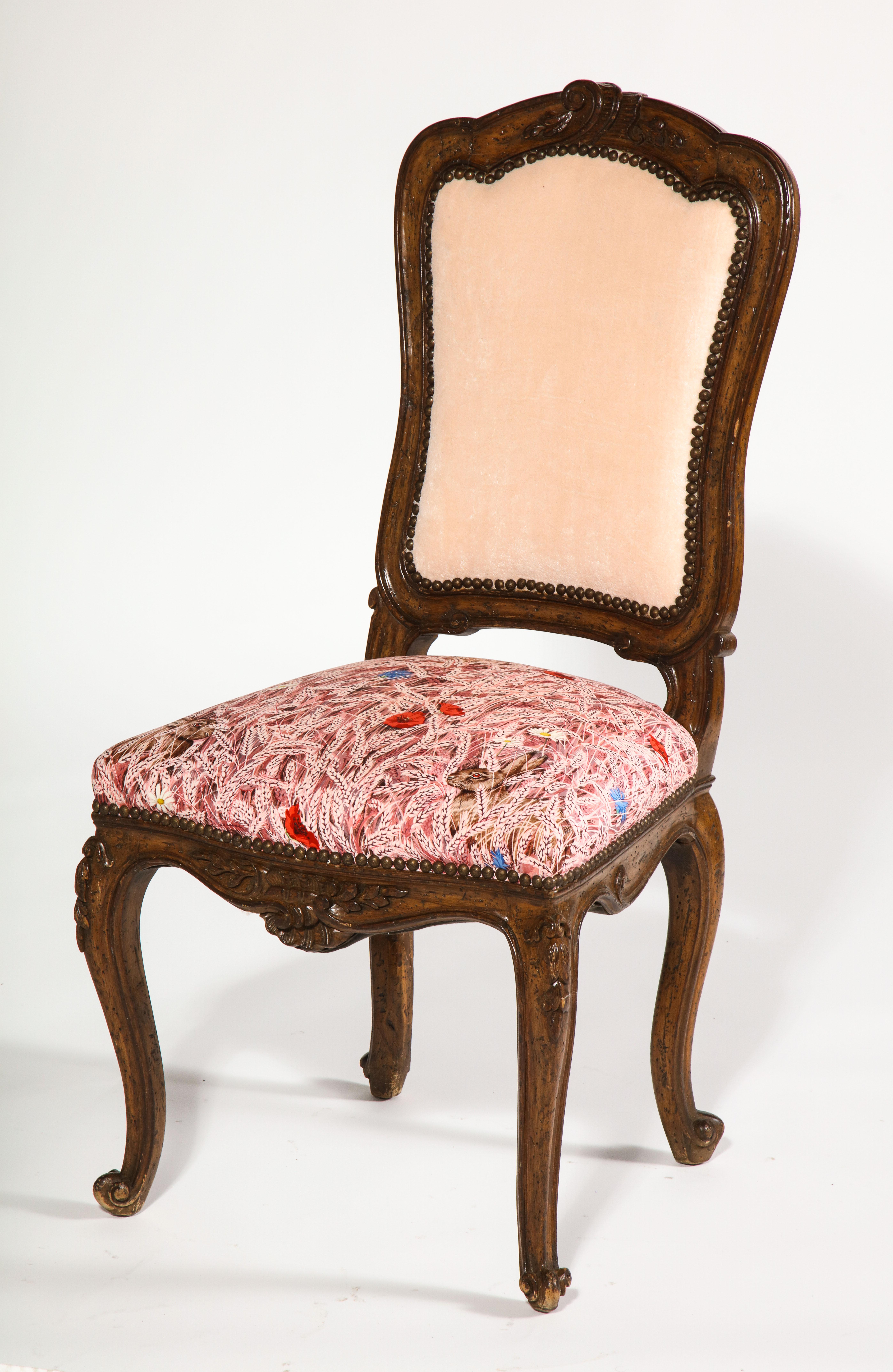 19th Century Antique French Side Chair with Peach Terrycloth Back & Hermés Silk Scarf Seat For Sale