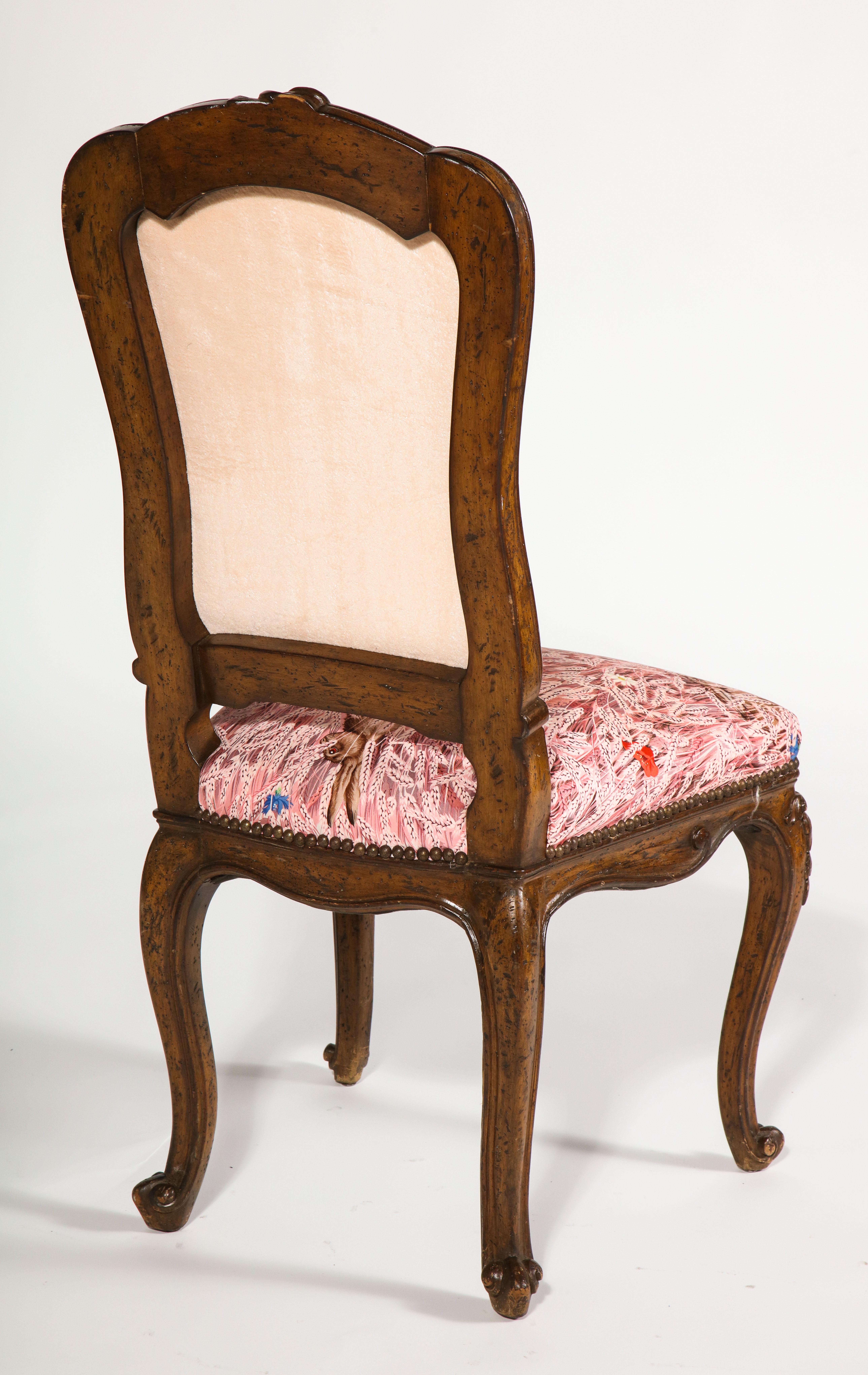 Antique French Side Chair with Peach Terrycloth Back & Hermés Silk Scarf Seat For Sale 3