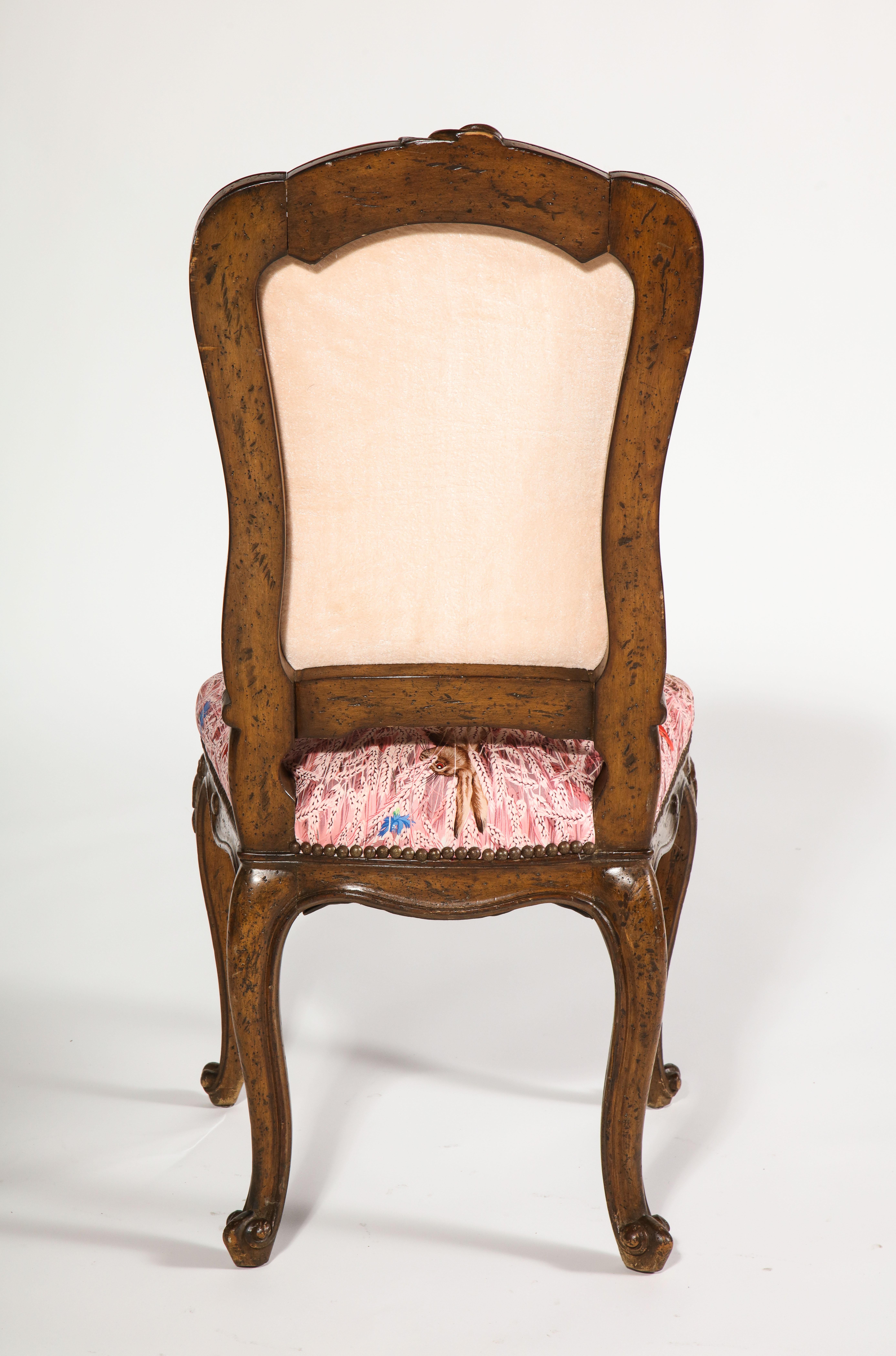 Antique French Side Chair with Peach Terrycloth Back & Hermés Silk Scarf Seat For Sale 4