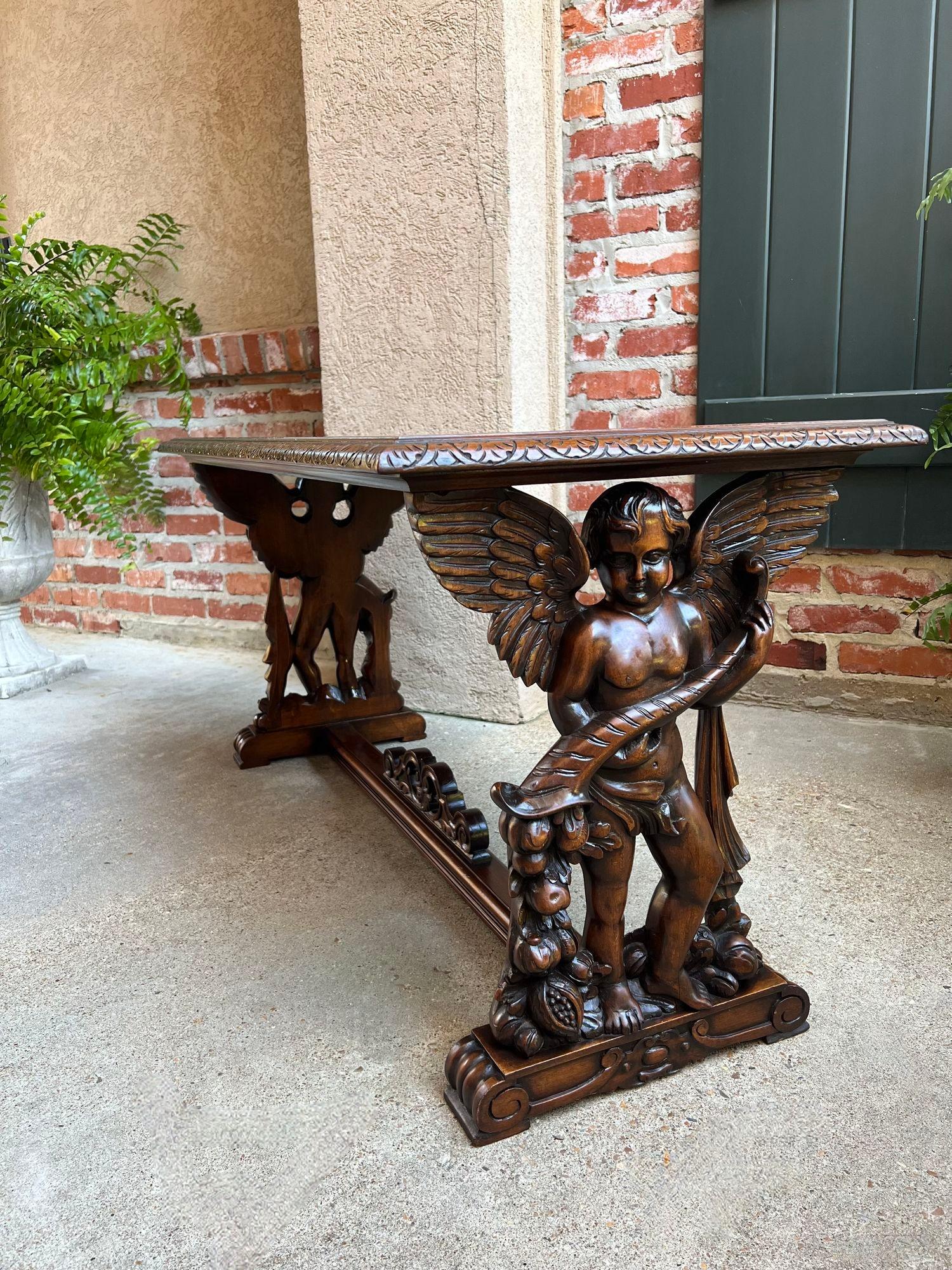 Antique French Side Coffee Sofa Table Carved Walnut Renaissance Cherub c1930 9