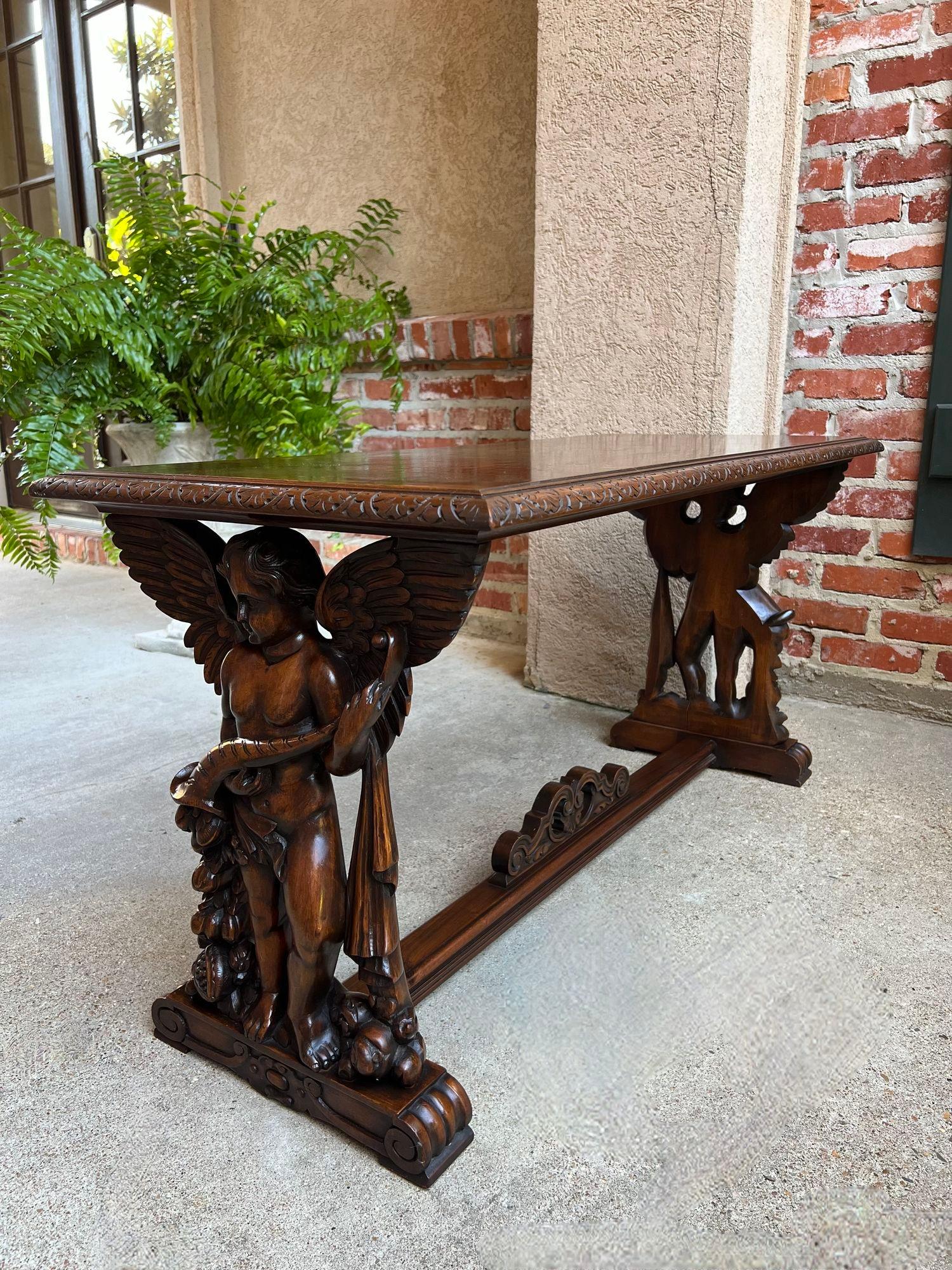 Antique French Side Coffee Sofa Table Carved Walnut Renaissance Cherub c1930 10