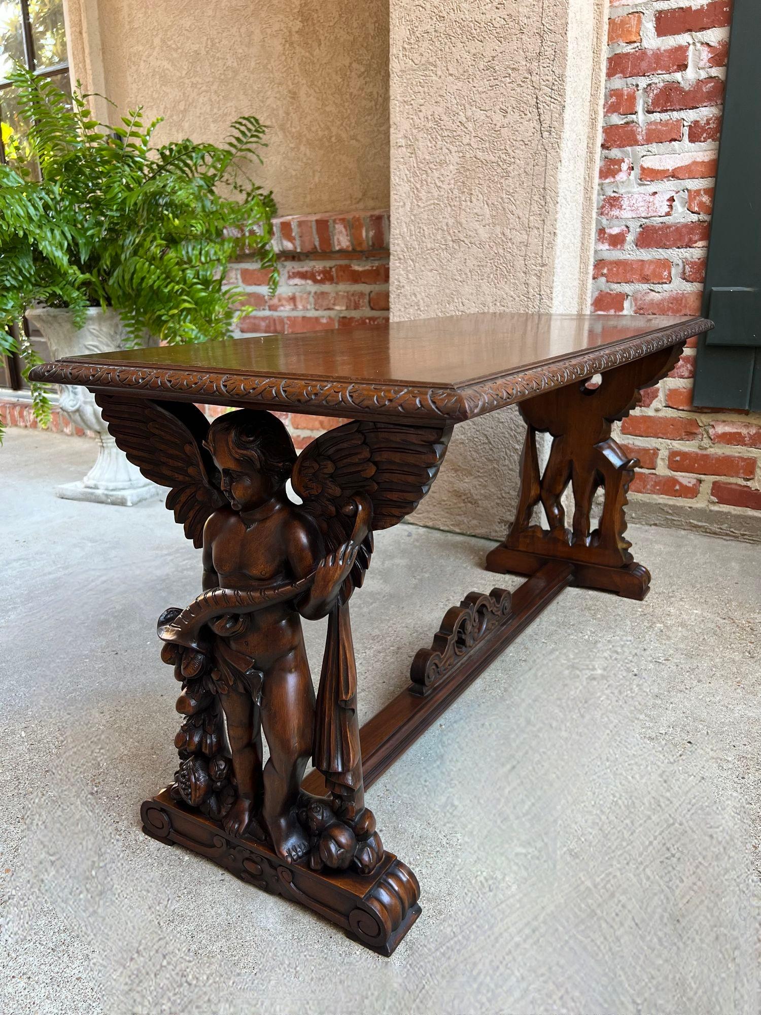 Antique French Side Coffee Sofa Table Carved Walnut Renaissance Cherub c1930 11