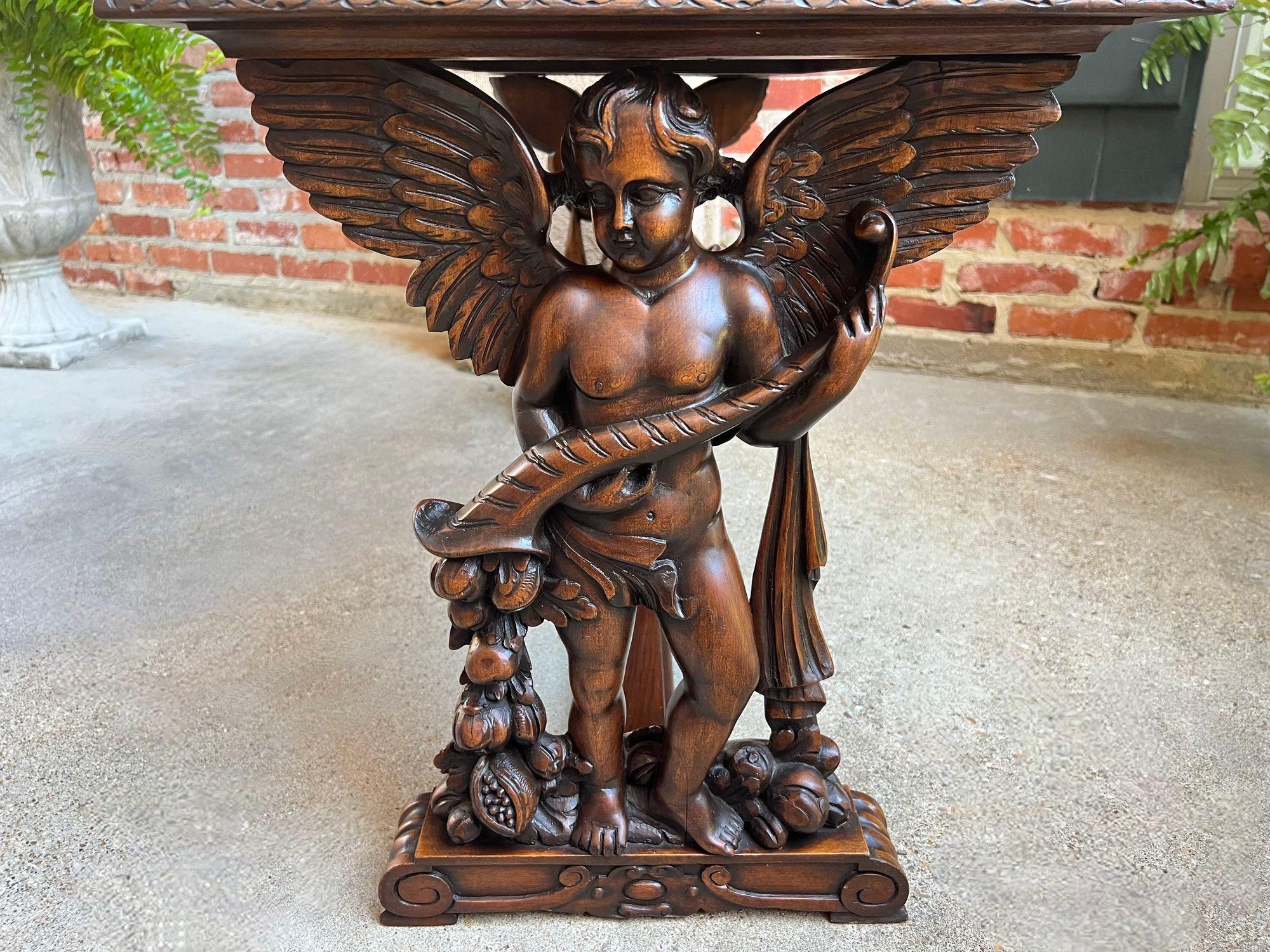 Antique French Side Coffee Sofa Table Carved Walnut Renaissance Cherub c1930 12