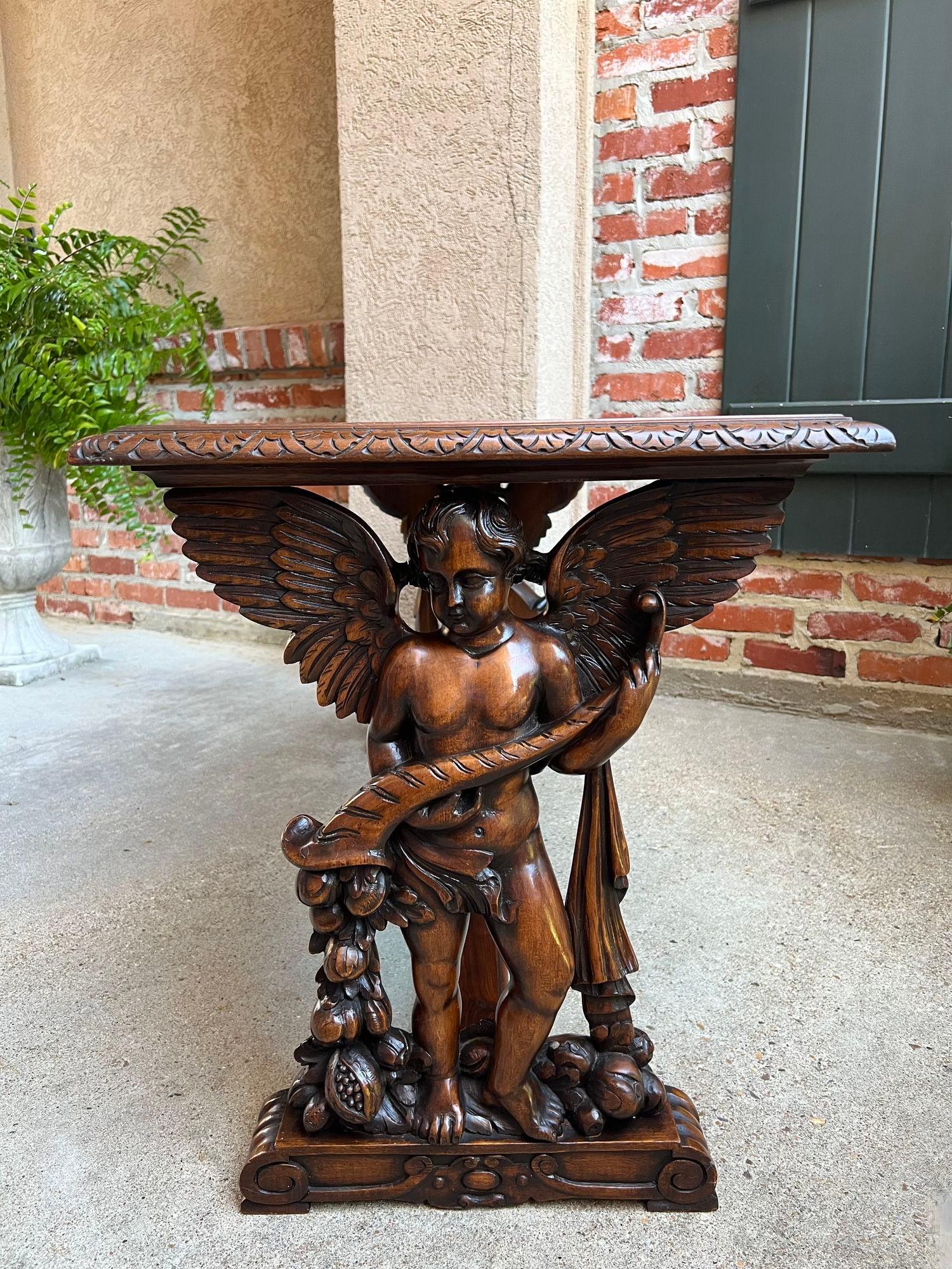 Mid-20th Century Antique French Side Coffee Sofa Table Carved Walnut Renaissance Cherub c1930