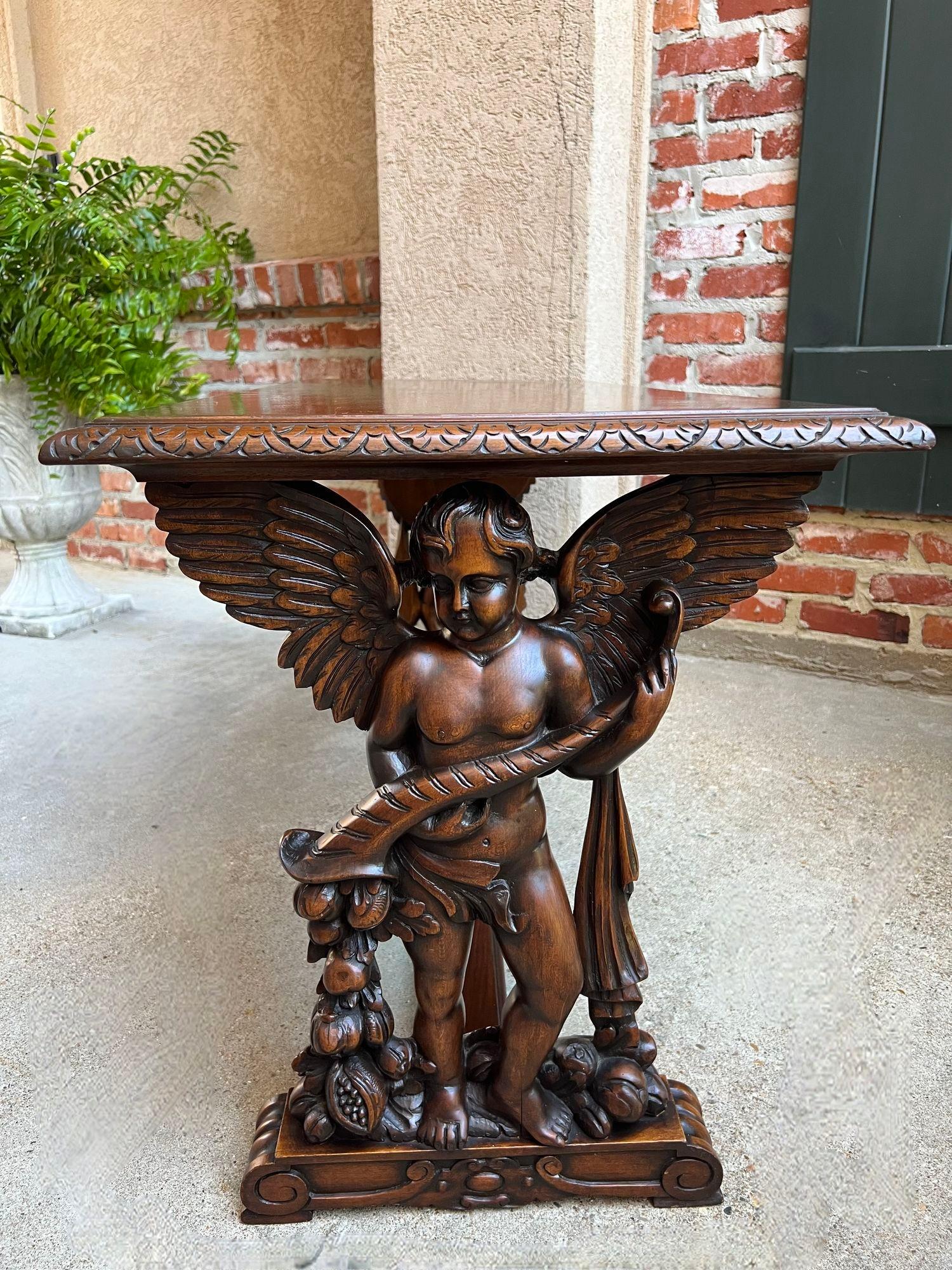 Antique French Side Coffee Sofa Table Carved Walnut Renaissance Cherub c1930 2