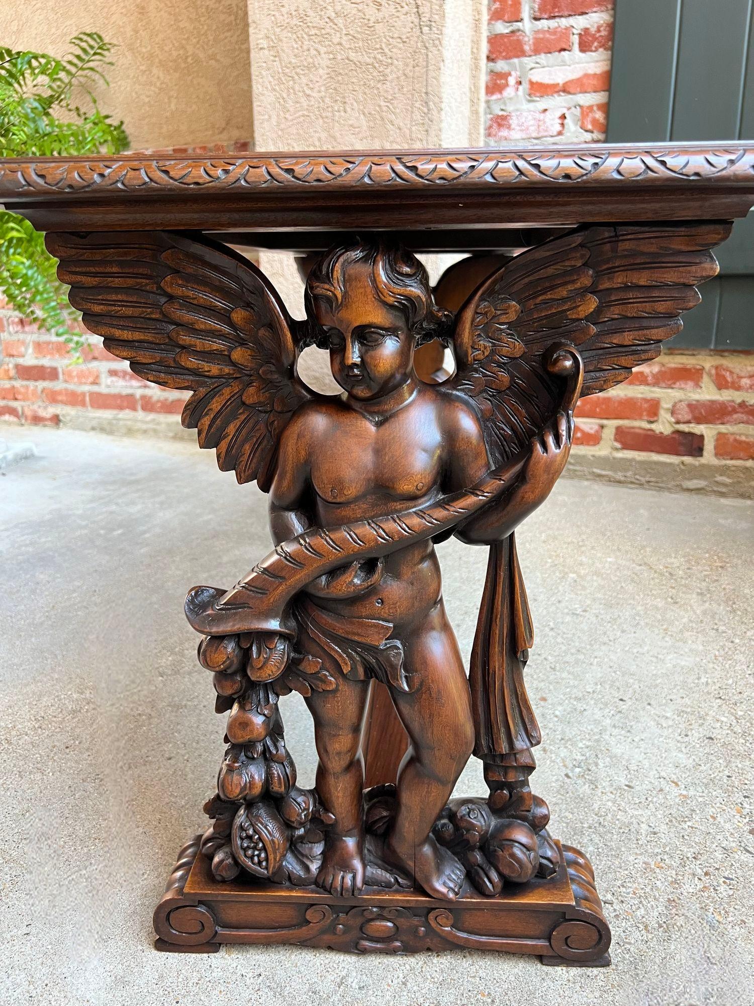 Antique French Side Coffee Sofa Table Carved Walnut Renaissance Cherub c1930 3