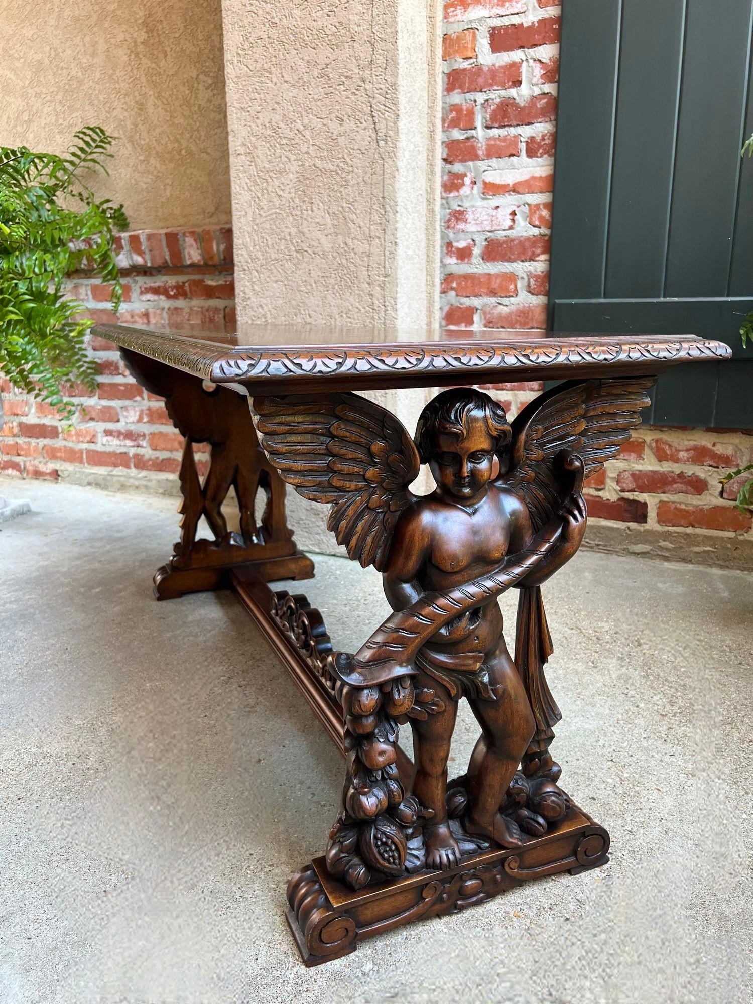 Antique French Side Coffee Sofa Table Carved Walnut Renaissance Cherub c1930 4