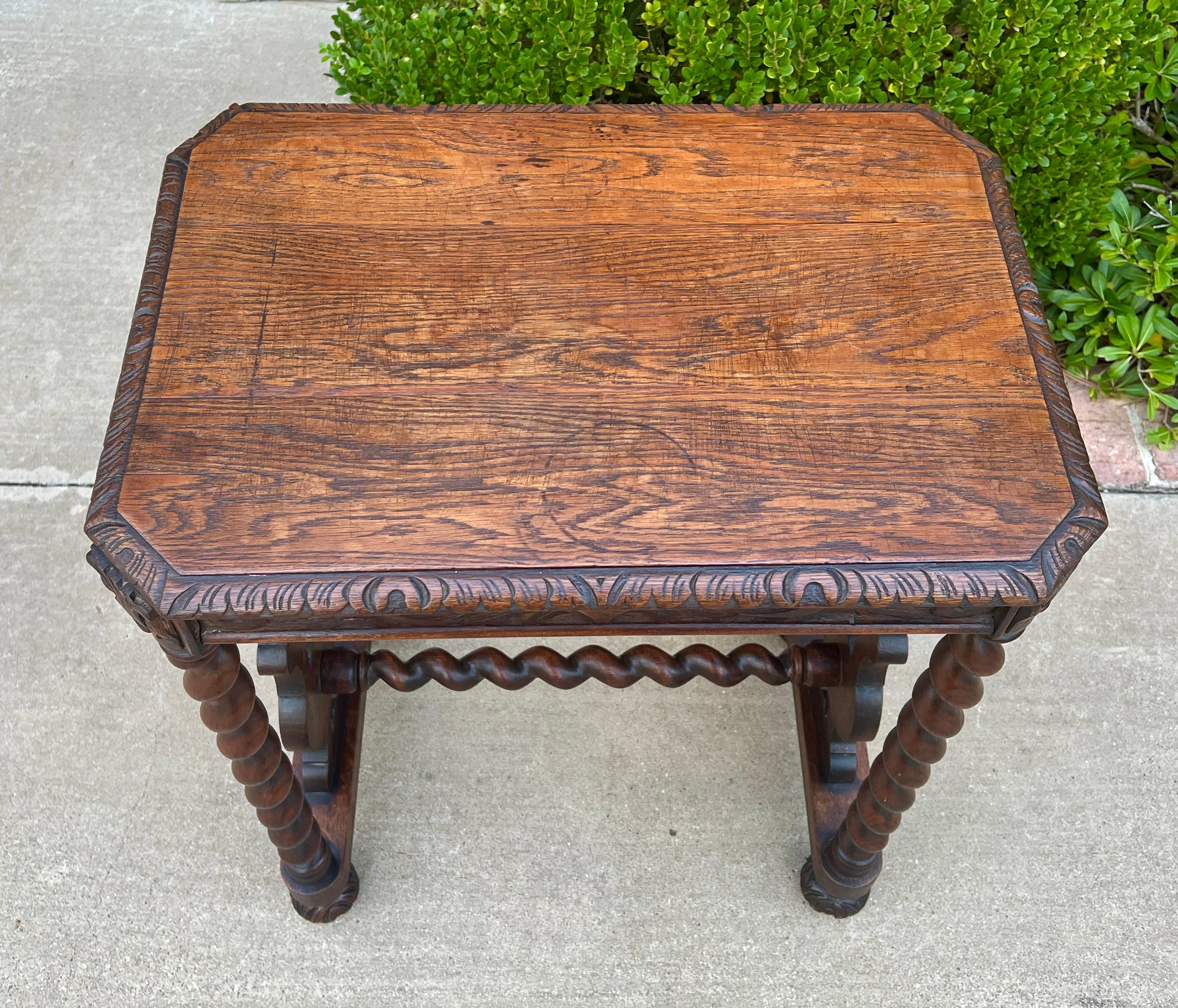 Antique French Side End Table BARLEY TWIST Carved Oak Renaissance Drawer 19th C 8