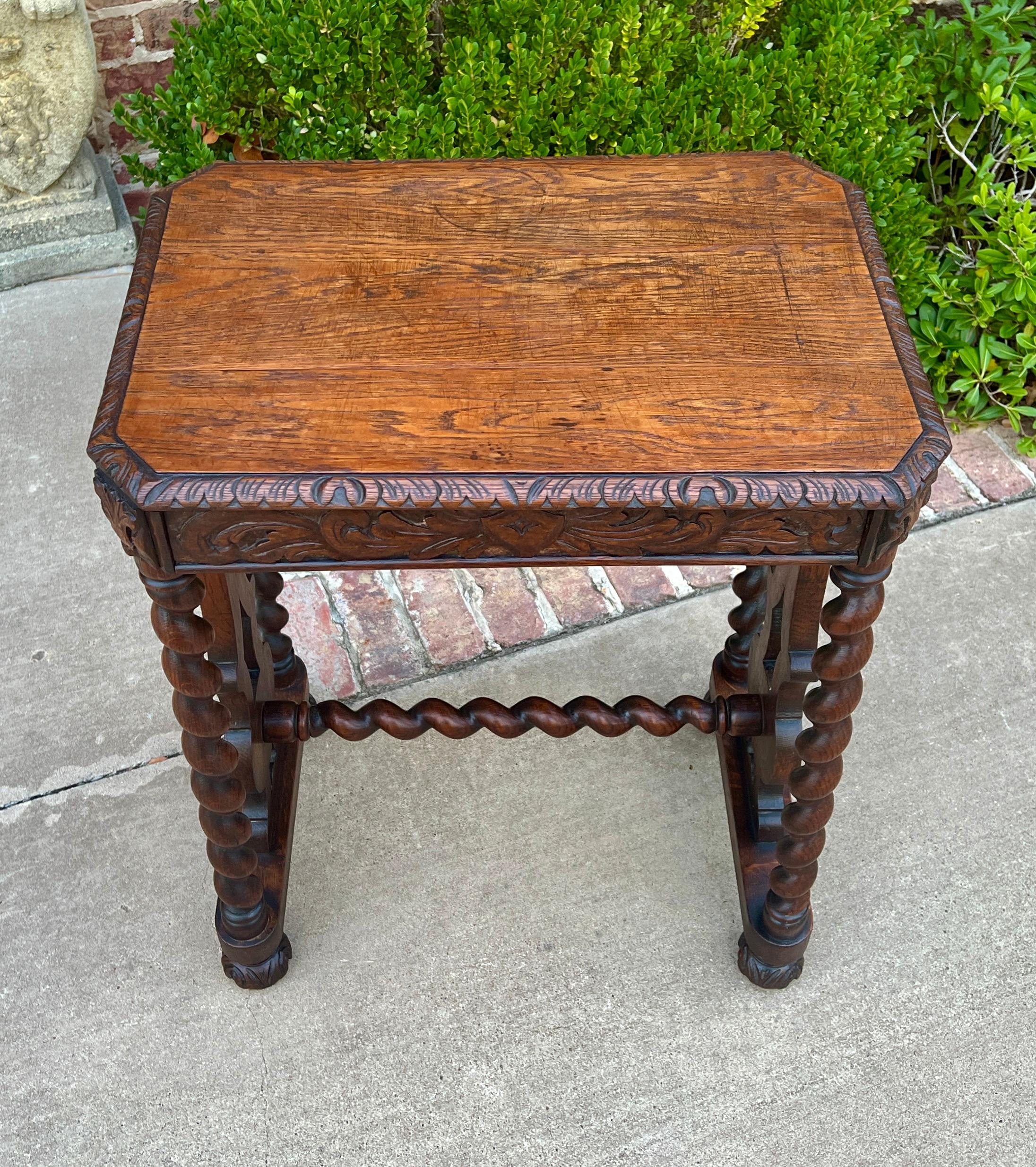 Late 19th Century Antique French Side End Table BARLEY TWIST Carved Oak Renaissance Drawer 19th C