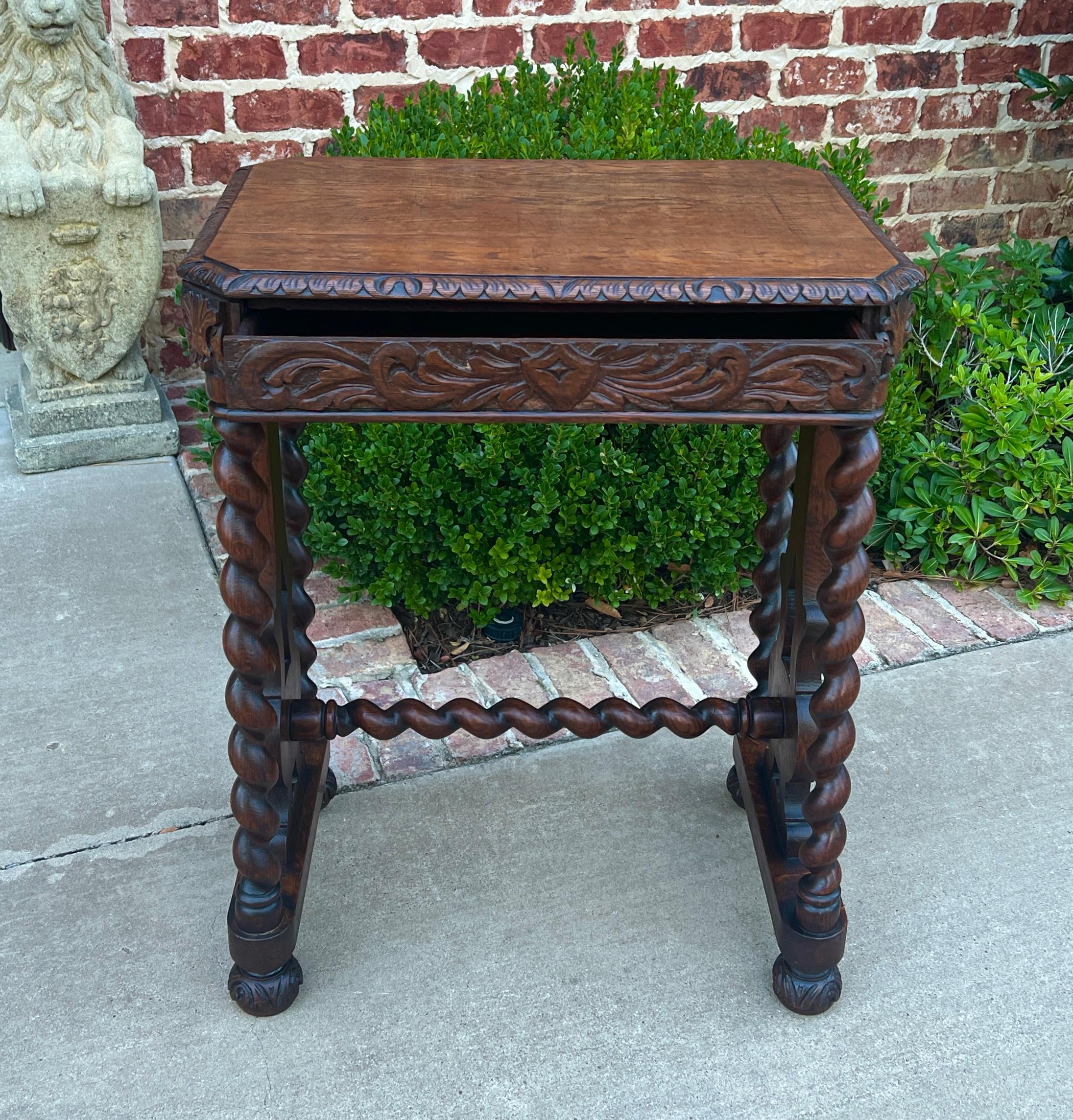 Antique French Side End Table BARLEY TWIST Carved Oak Renaissance Drawer 19th C 2
